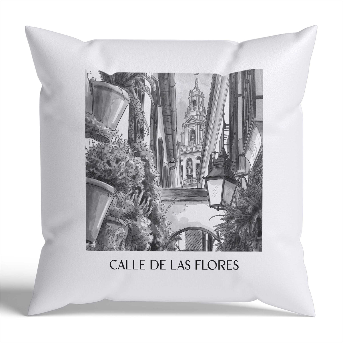 calle-de-las-flores-córdoba-spanien-kissenbezug-aquarell-schwarz-weiss