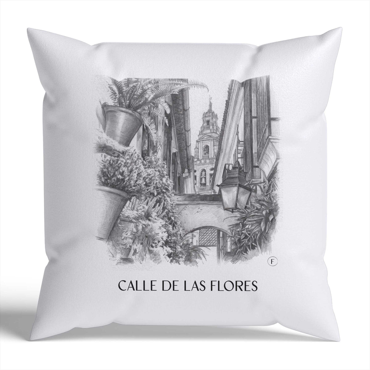 calle-de-las-flores-córdoba-spanien-kissenbezug-bleistift-zeichnung-drawing