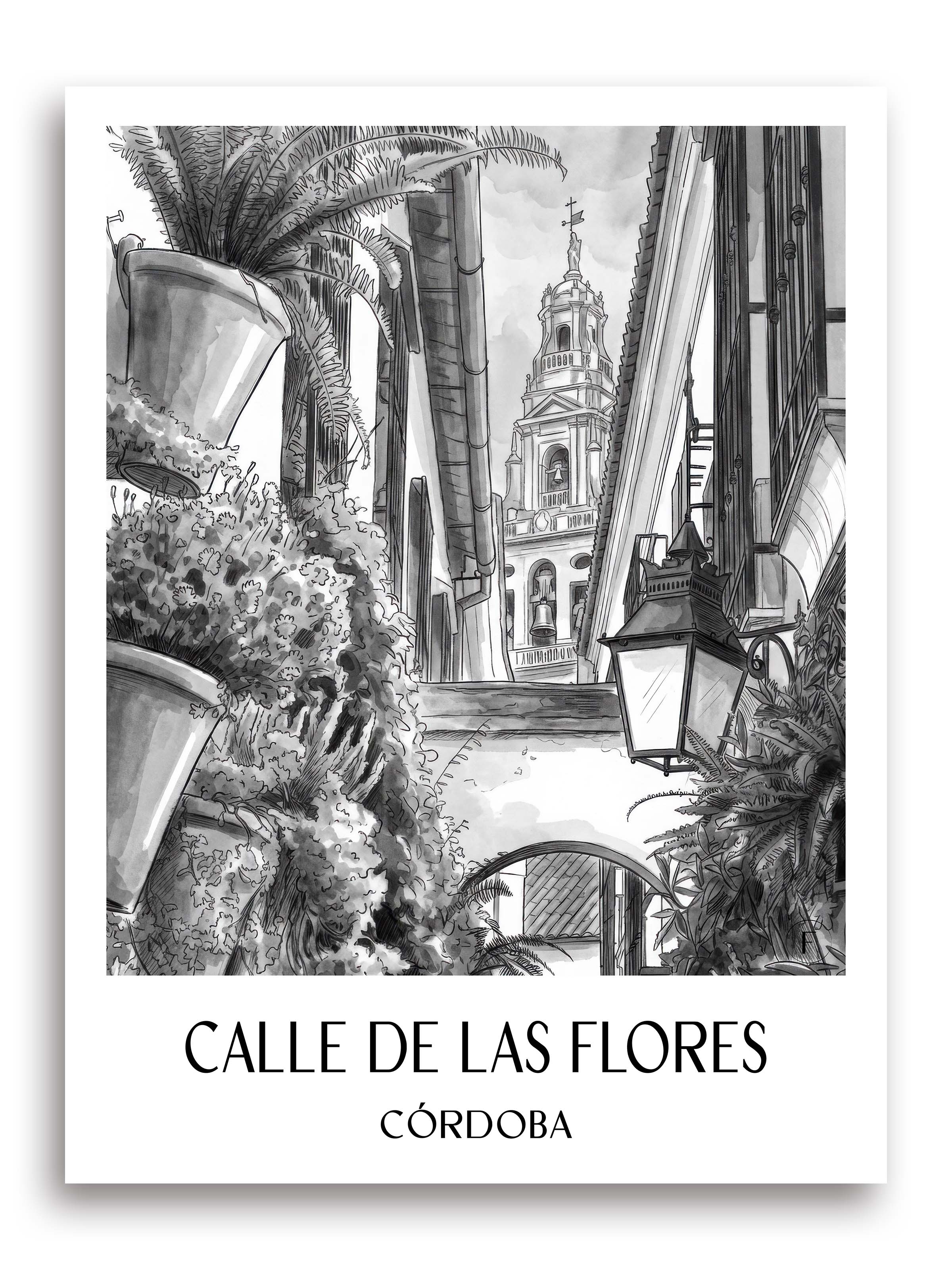 calle-de-las-flores-córdoba-spanien-poster-aquarell-schwarz-weiss