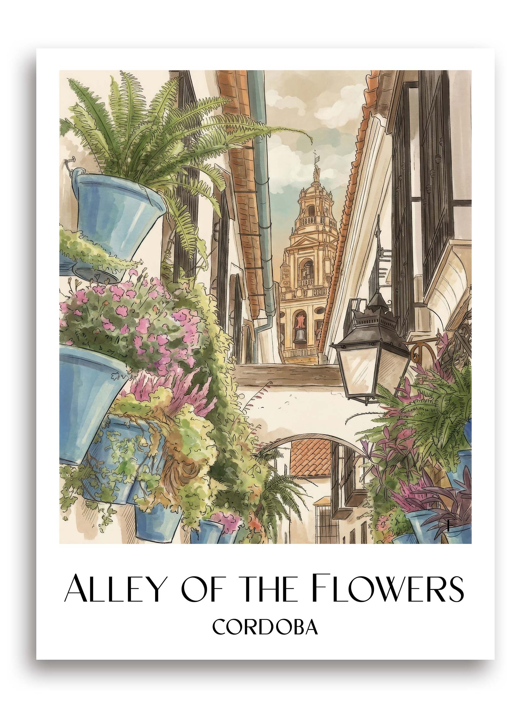 Calle de las flores Poster - Córdoba - Spanien Kunstdruck - Aquarell von A4 bis A1 - favplace