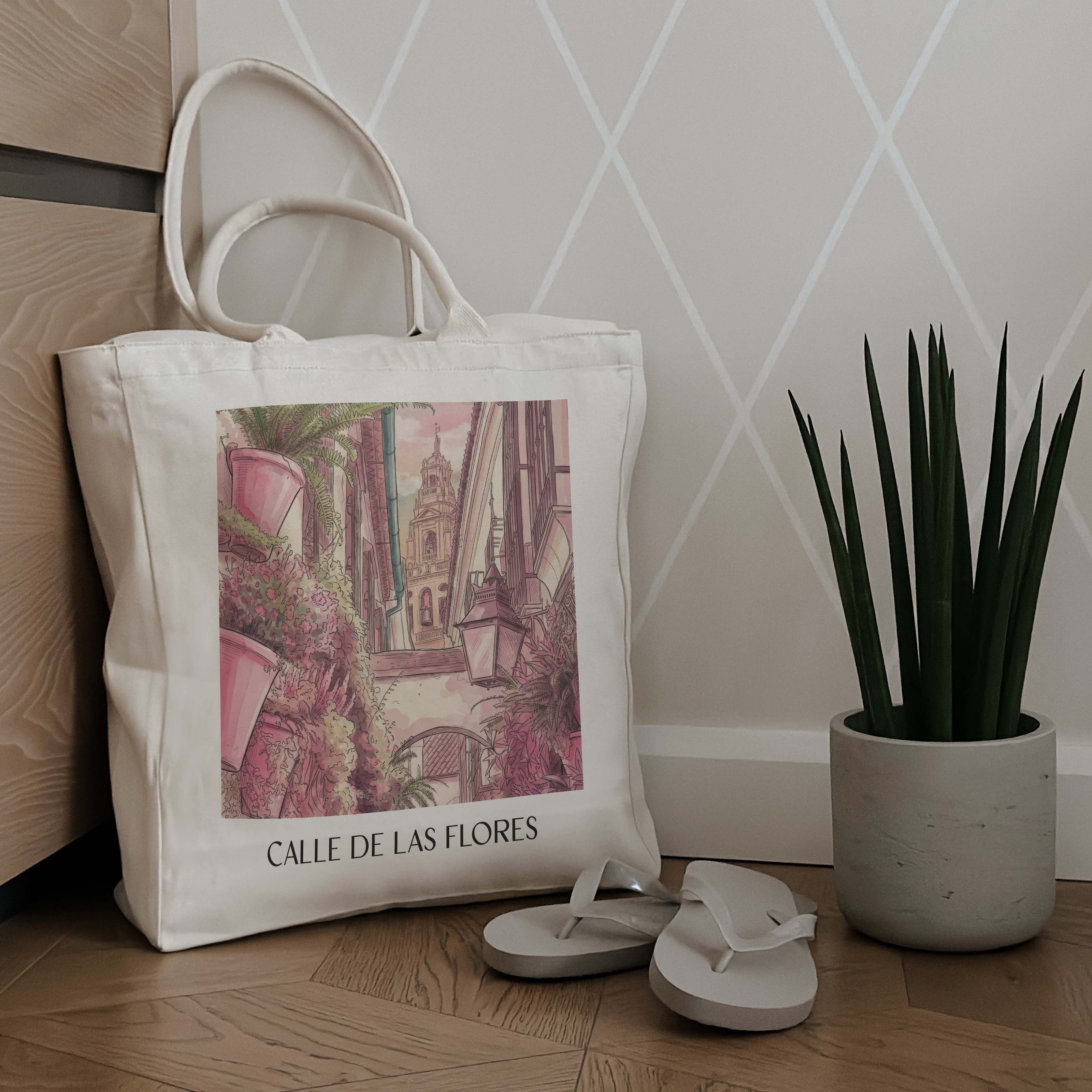 calle-de-las-flores-córdoba-spanien-einkaufstasche-aquarell-pink-rosa