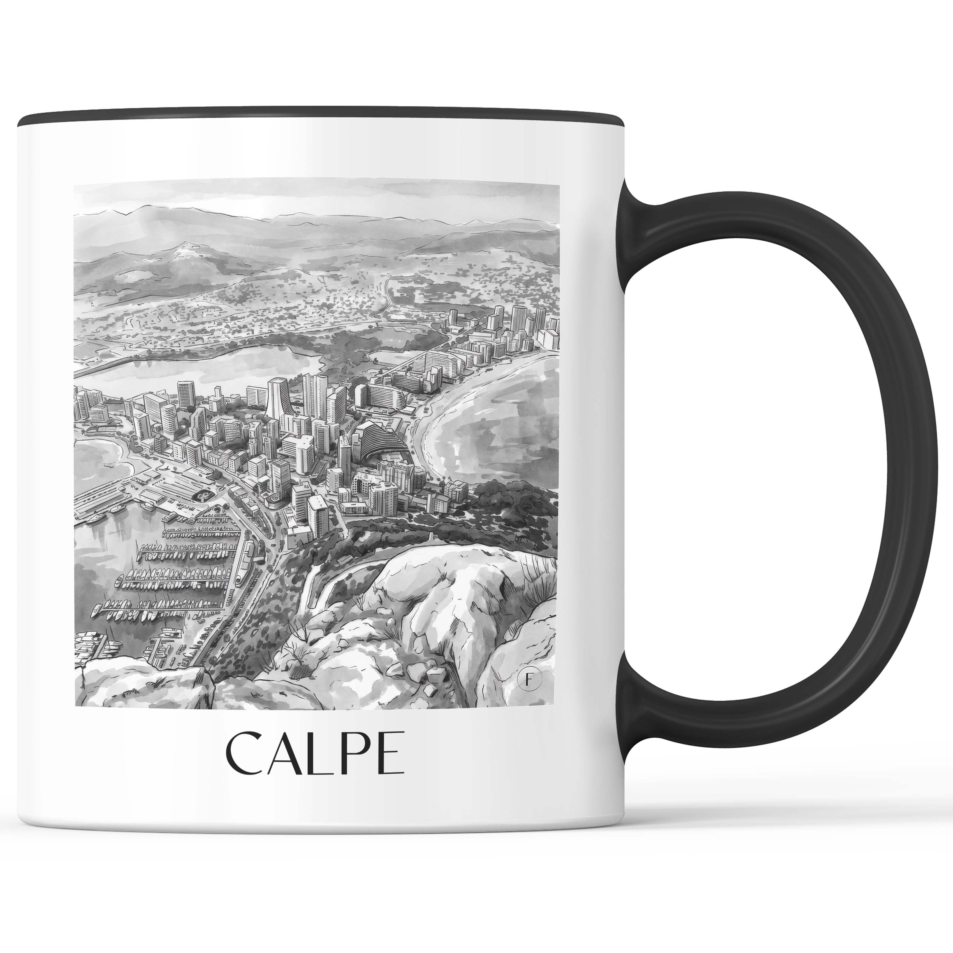 Calpe Kaffeebecher - Spanien - Spanien und Spanien Becher - Kaffeetasse im Aquarell Schwarz-Weiß Stil - favplace