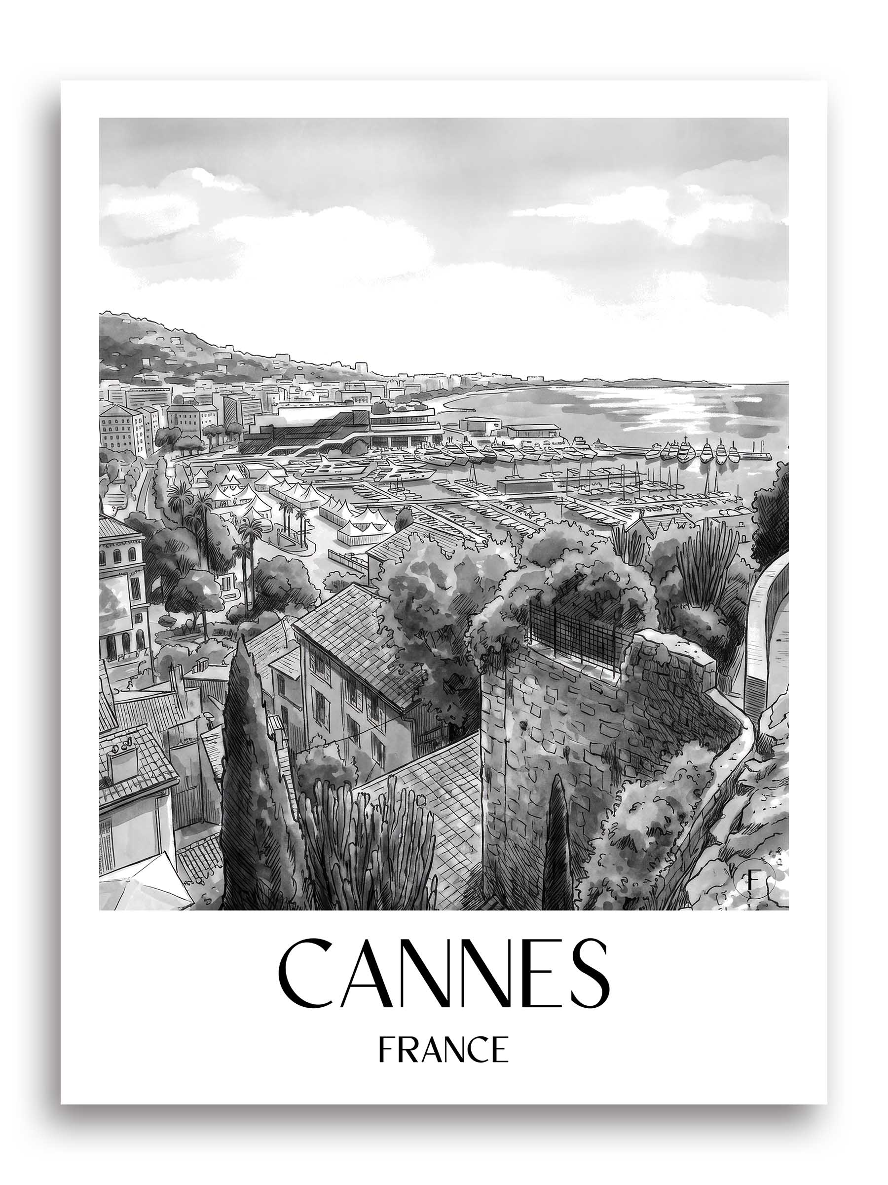 Cannes Poster - - Frankreich Kunstdruck - Aquarell Schwarz-Weiß von A4 bis A1 - favplace