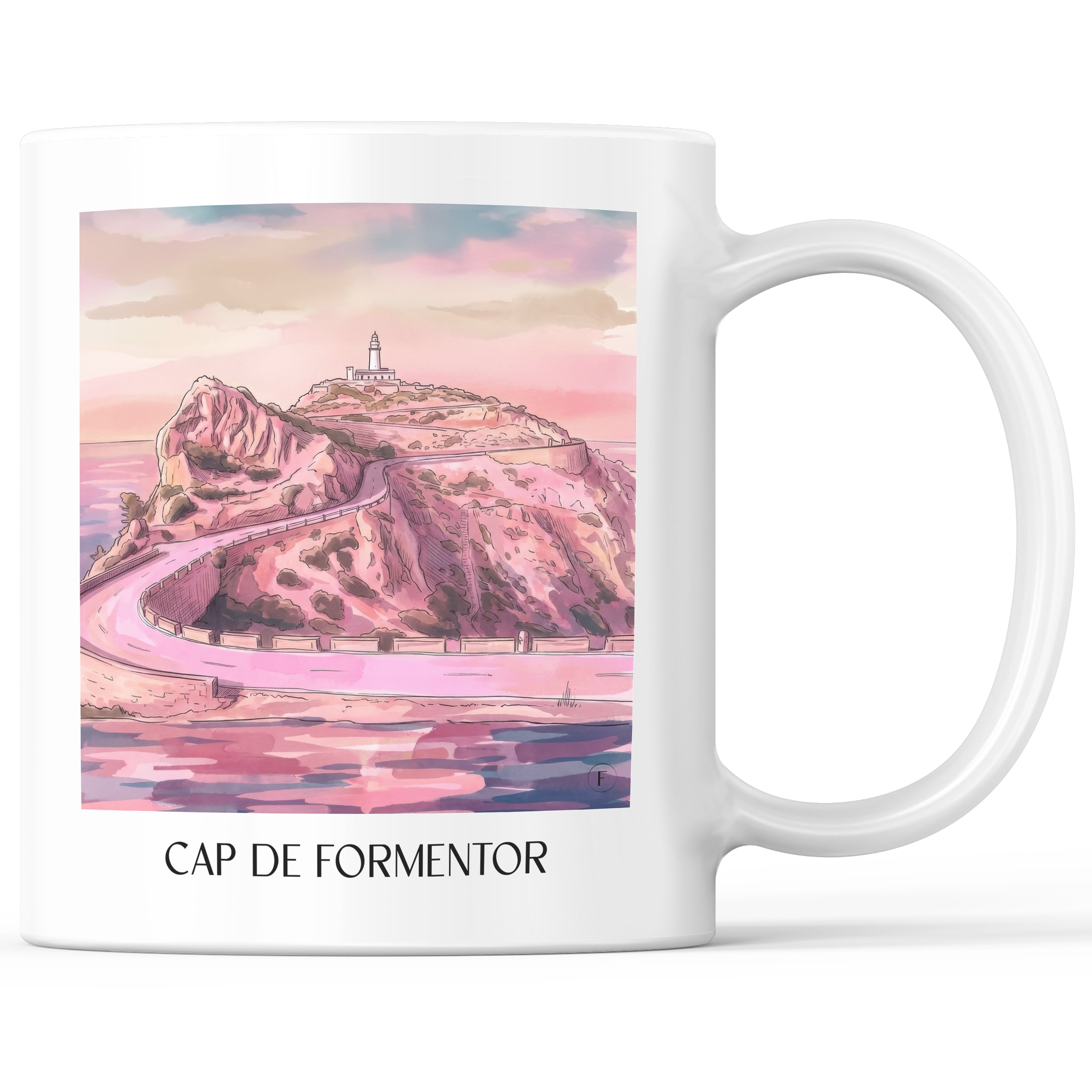 Cap de Formentor Kaffeebecher - Mallorca - Spanien Becher - Kaffeetasse im Aquarell Pink Stil - favplace
