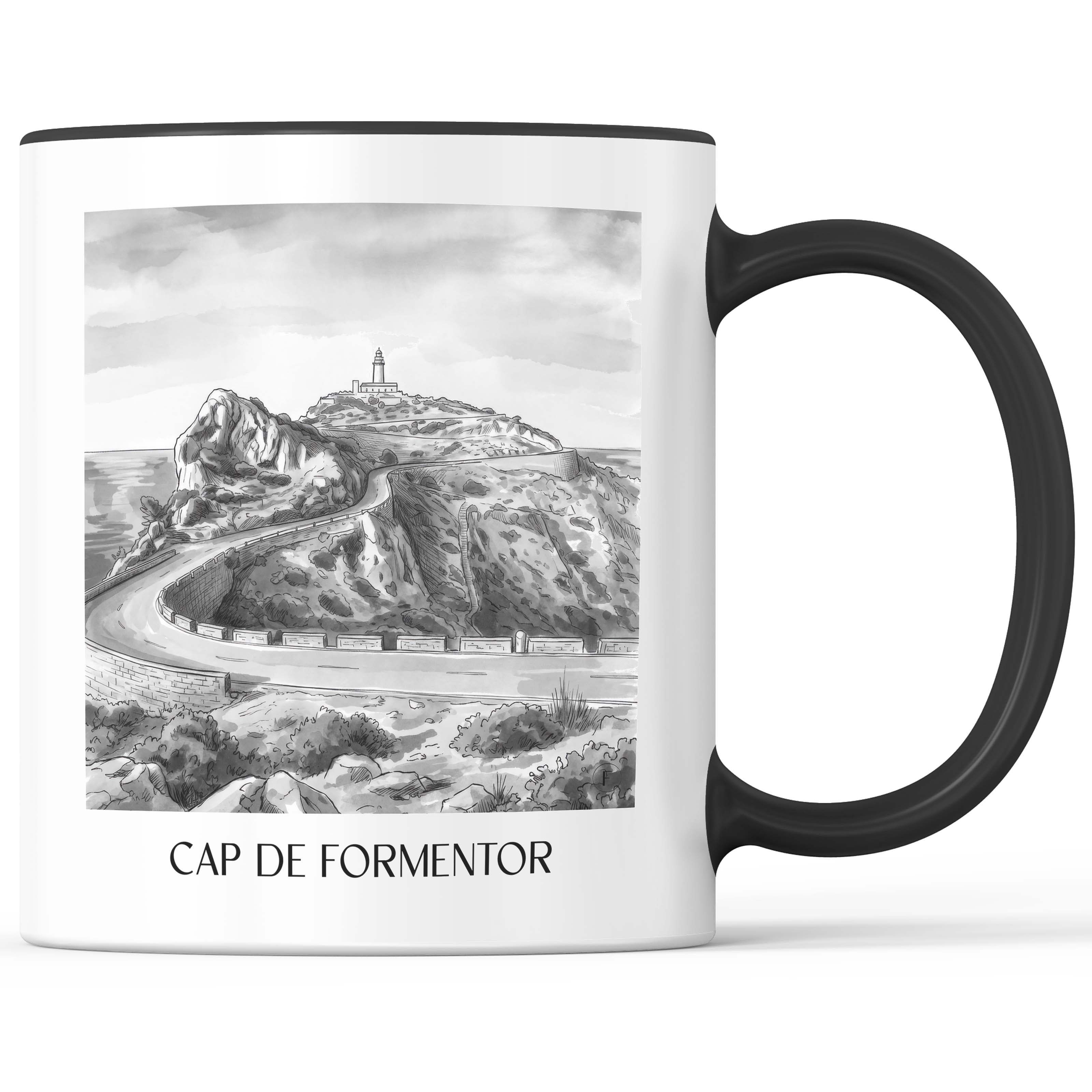 cap-de-formentor-mallorca-spanien-kaffeebecher-aquarell-schwarz-weiss