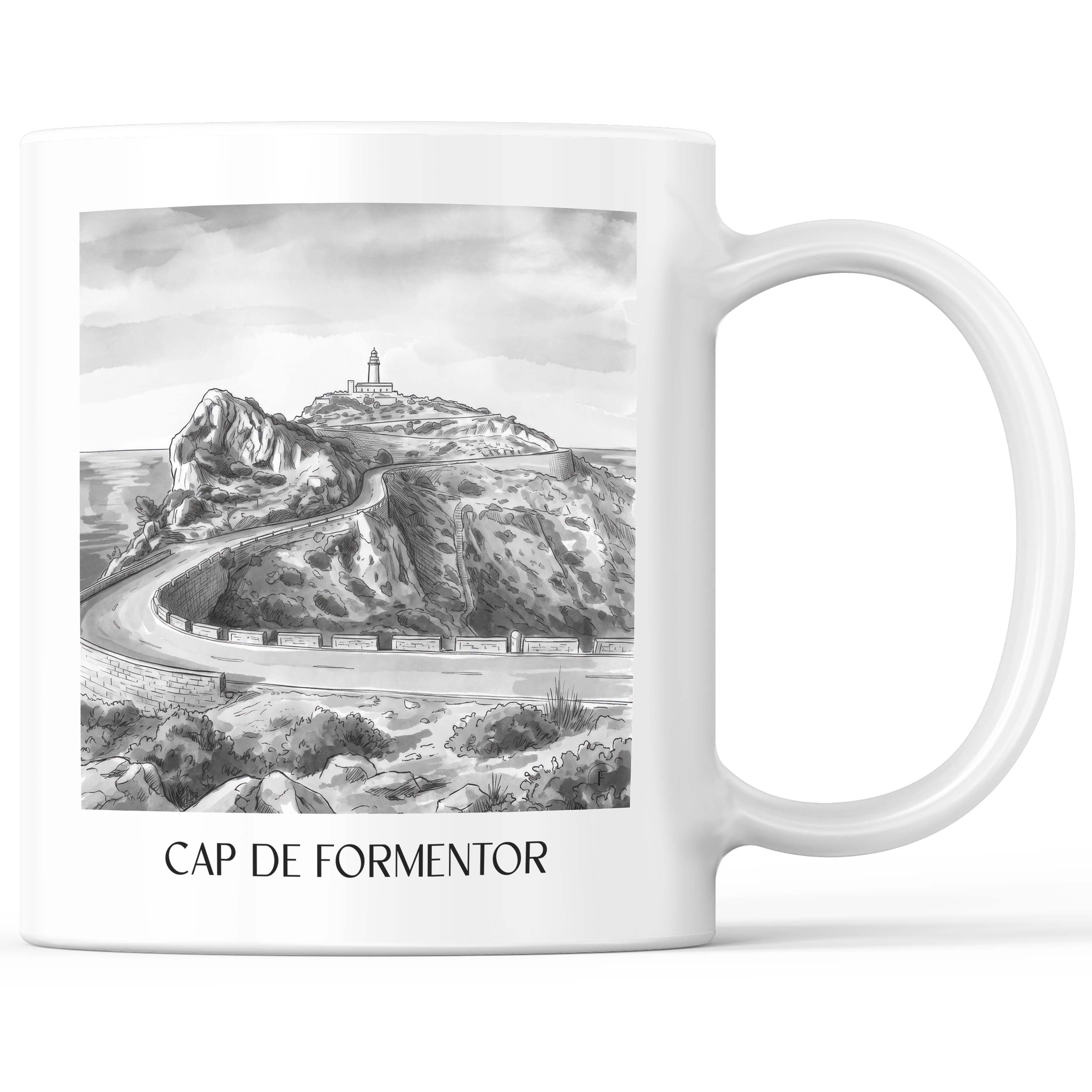 Cap de Formentor Kaffeebecher - Mallorca - Spanien Becher - Kaffeetasse im Aquarell Schwarz-Weiß Stil - favplace