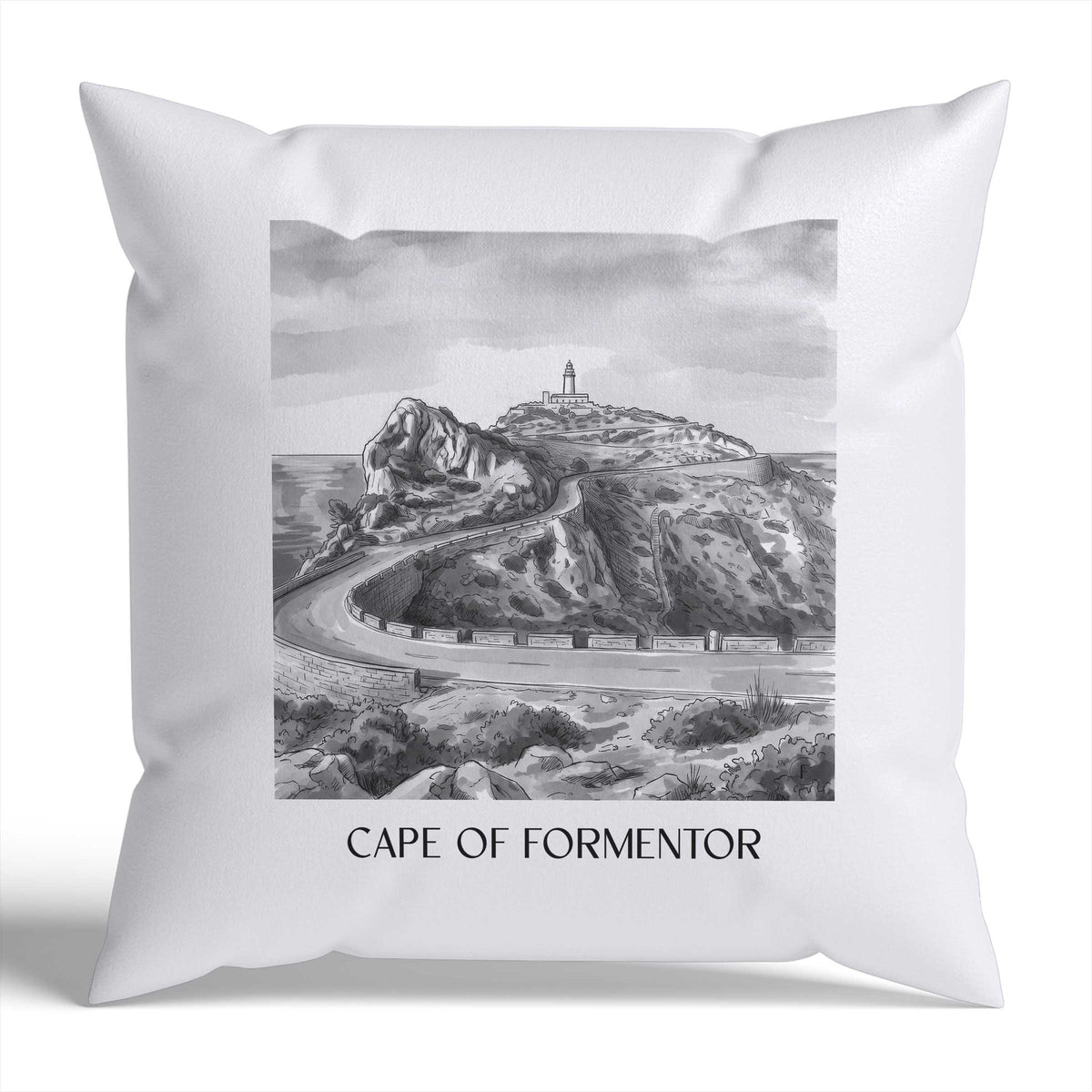 Cap de Formentor Kissenhülle - Zierkissen Bezug - Mallorca - Spanien Kissen bzw. Kissenbezug im Aquarell Schwarz-Weiß Stil - favplace