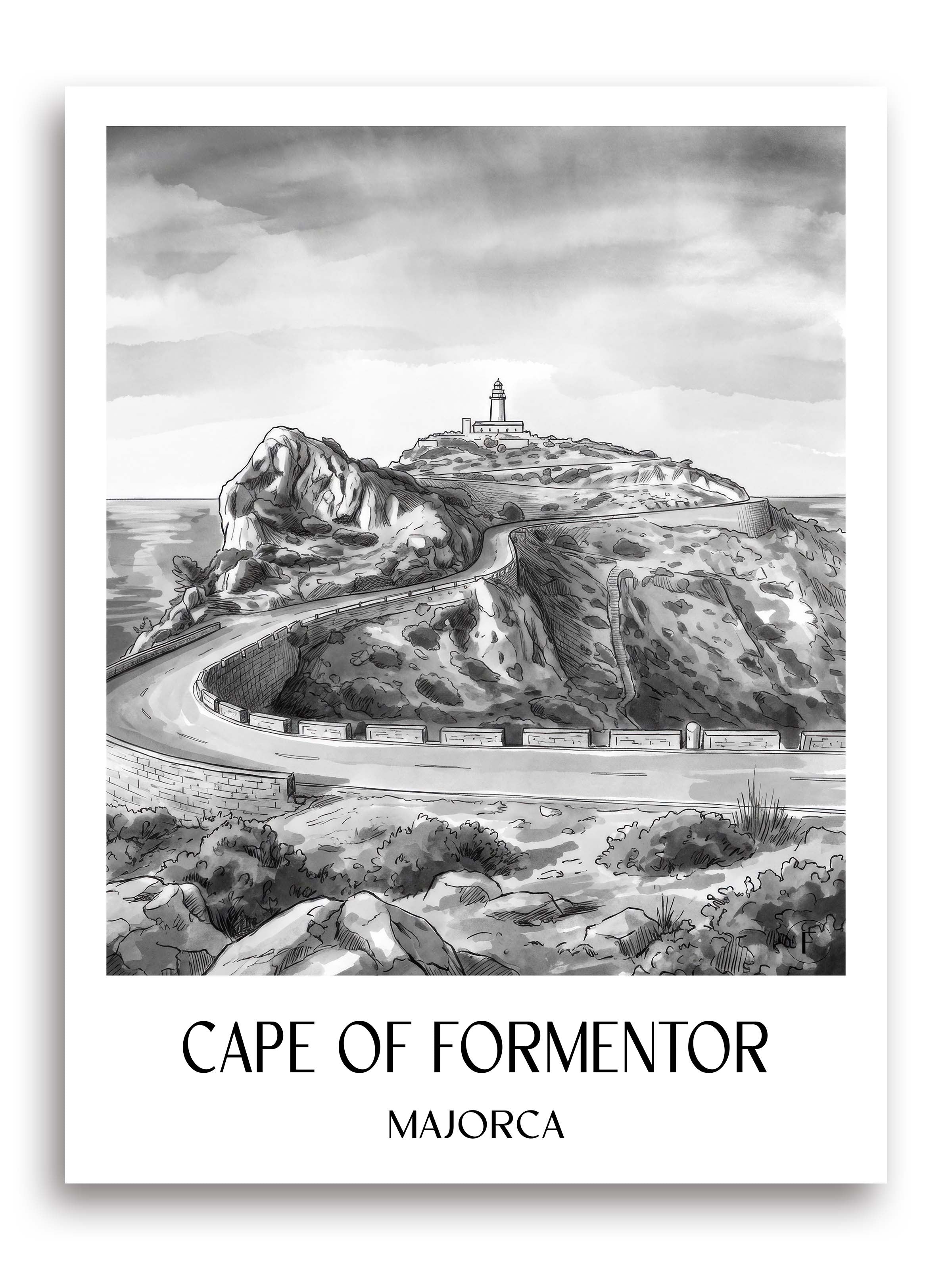 Cap de Formentor Poster - Mallorca - Spanien Kunstdruck - Aquarell Schwarz-Weiß von A4 bis A1 - favplace