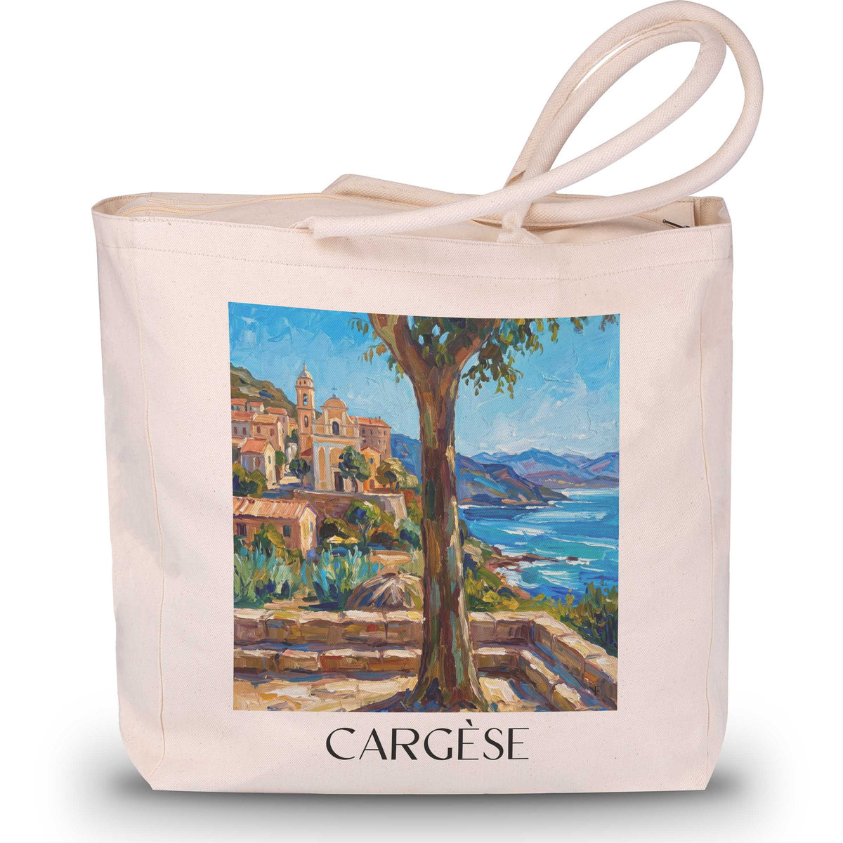 Cargèse Shopping Tasche - Korsika - Frankreich Tote Bag - Einkaufstasche im Ölgemälde Stil