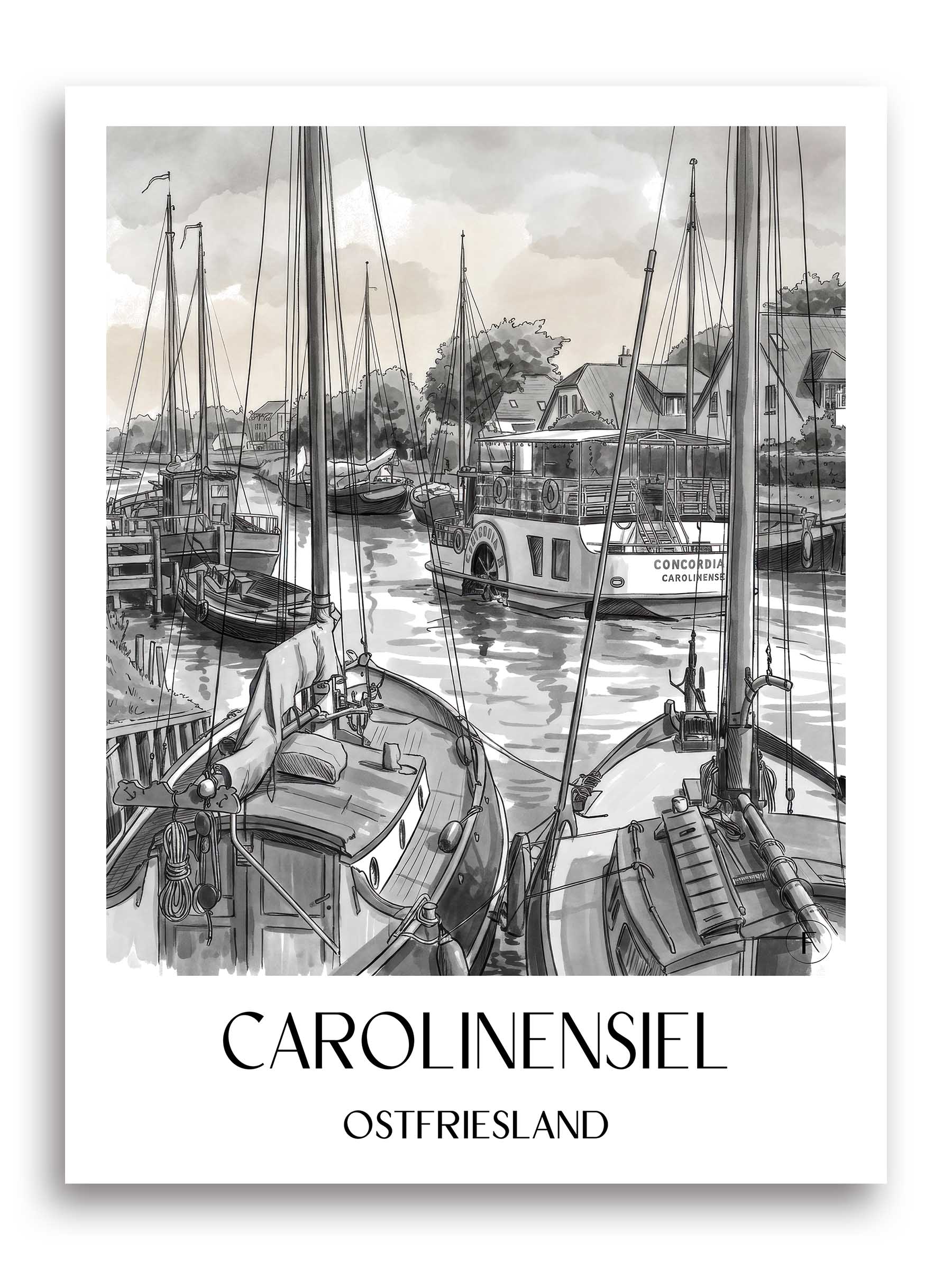 carolinensiel-ostfriesland-deutschland-poster-aquarell-schwarz-weiss