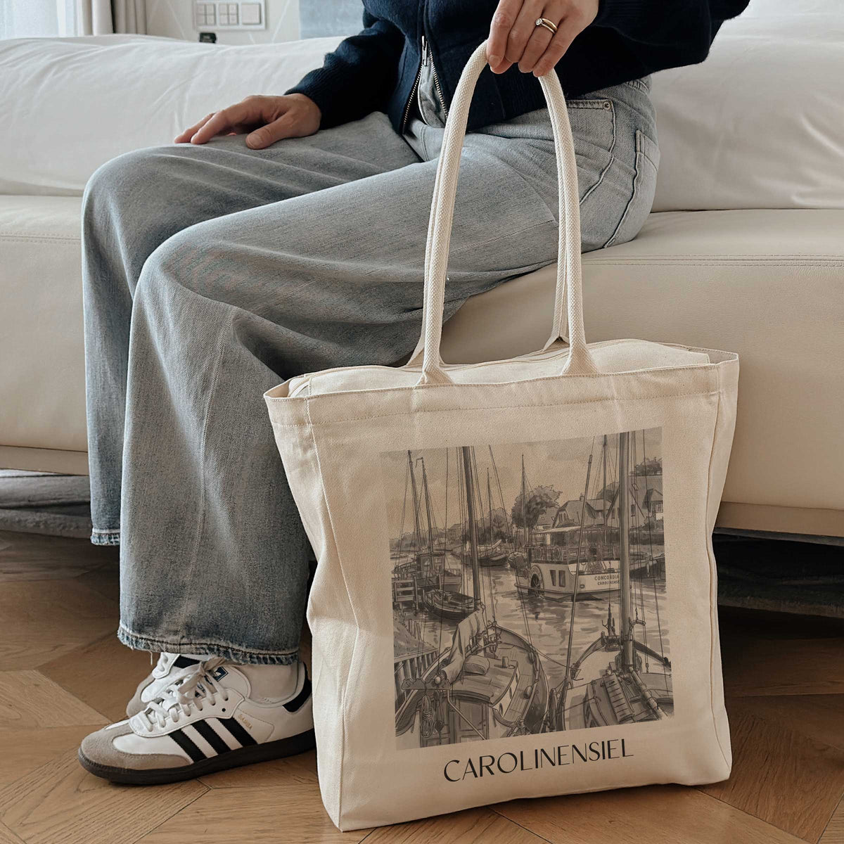 carolinensiel-ostfriesland-deutschland-einkaufstasche-aquarell-schwarz-weiss