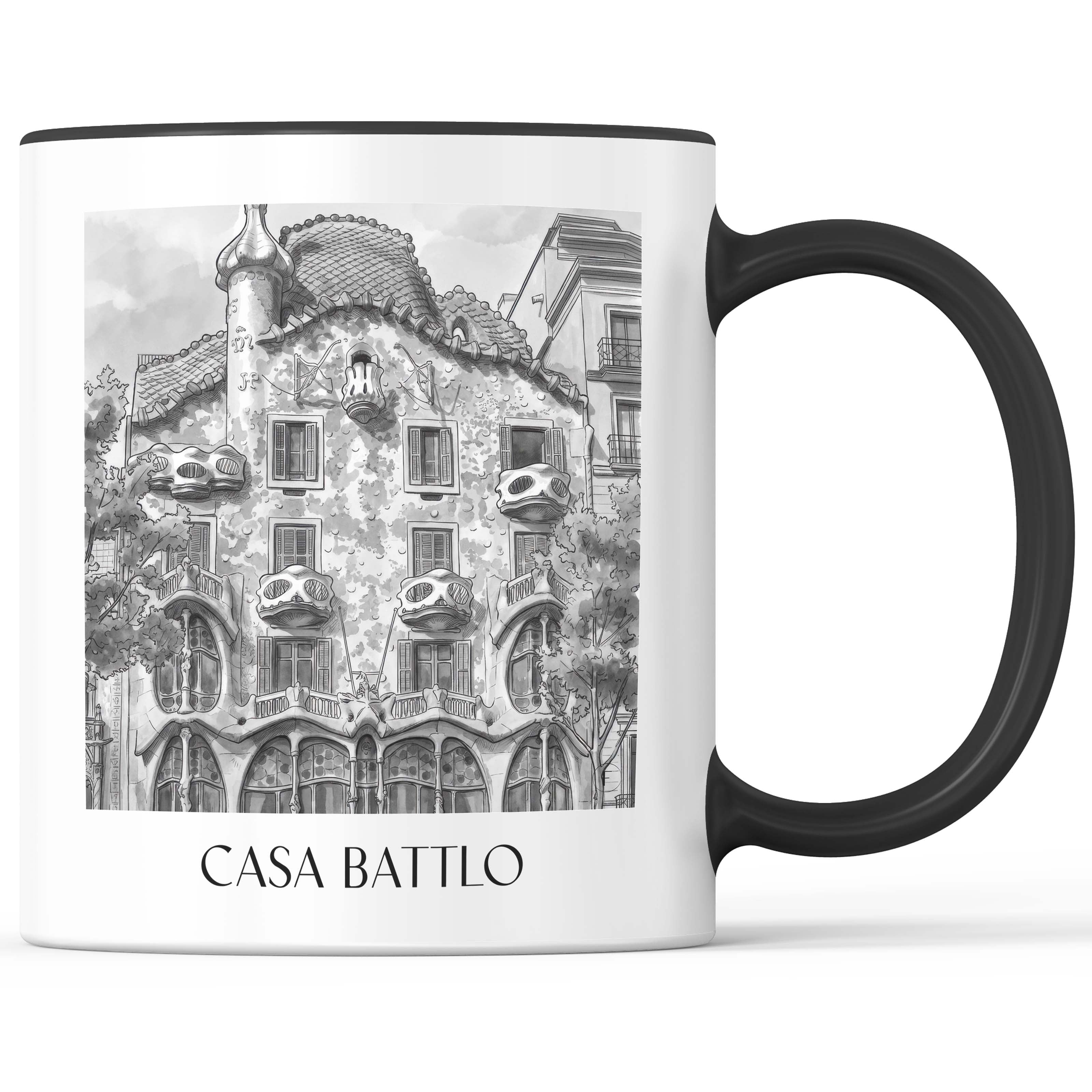 Casa Batlló Kaffeebecher - Barcelona - Spanien Becher - Kaffeetasse im Aquarell Schwarz-Weiß Stil - favplace