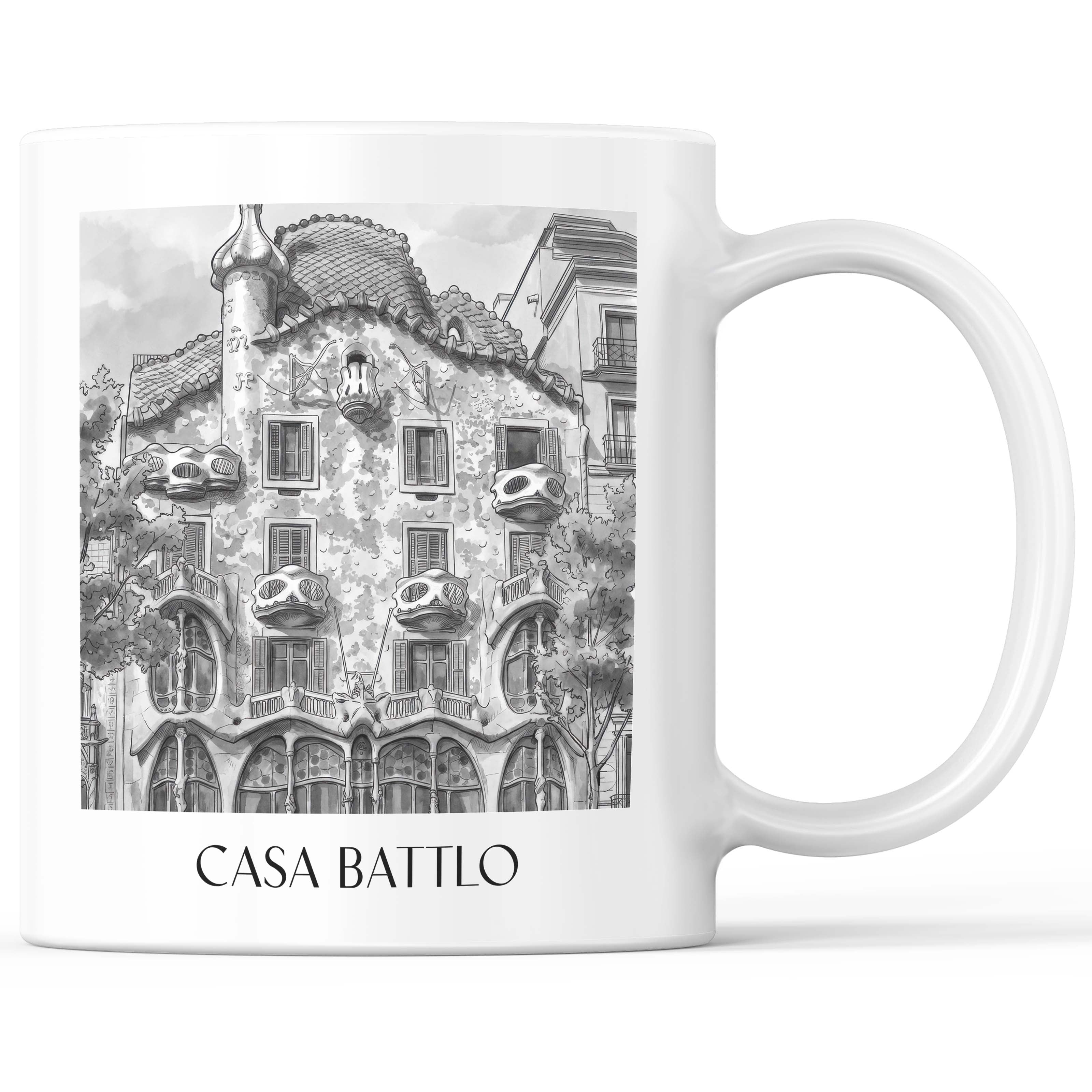 Casa Batlló Kaffeebecher - Barcelona - Spanien Becher - Kaffeetasse im Aquarell Schwarz-Weiß Stil - favplace