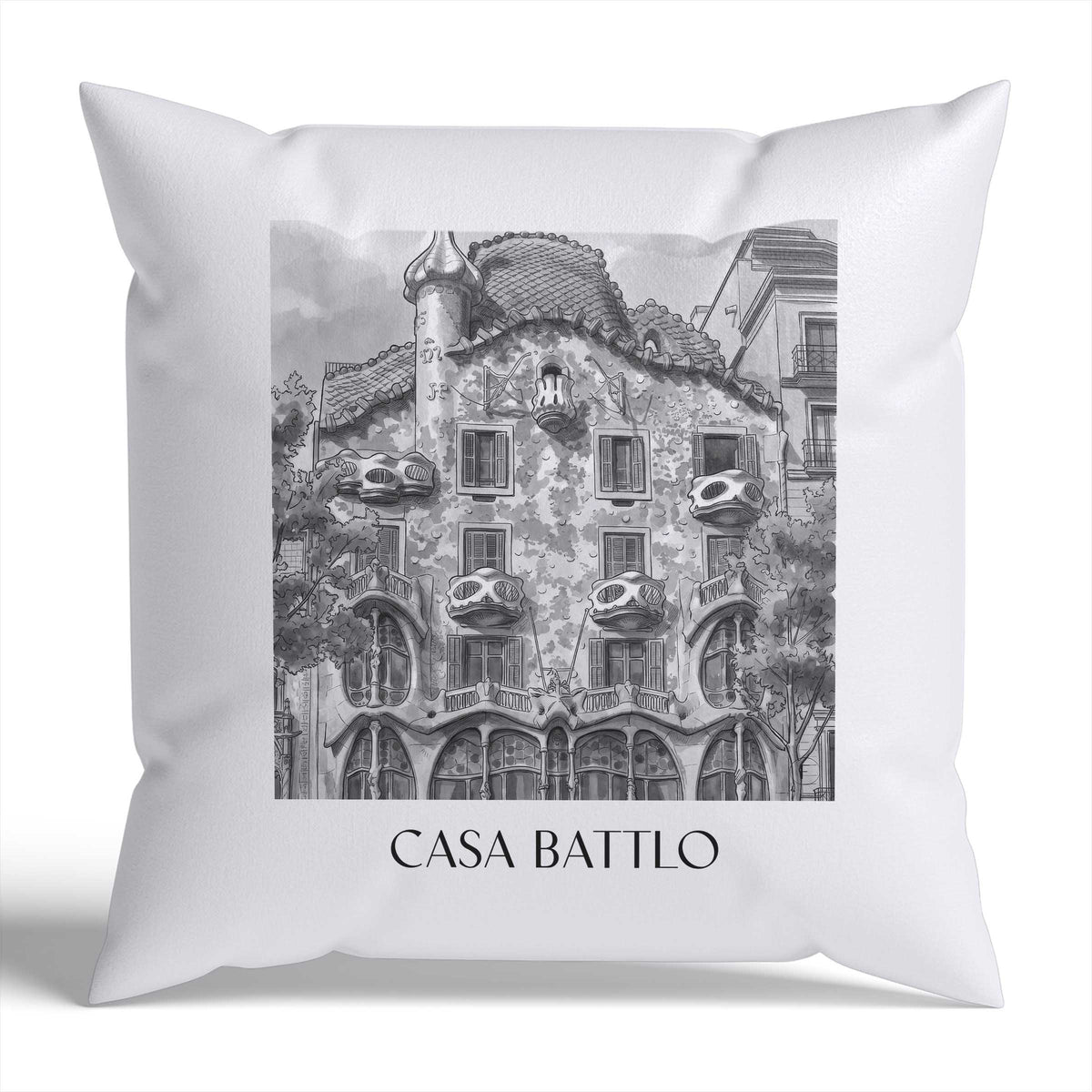 Casa Batlló Kissenhülle - Zierkissen Bezug - Barcelona - Spanien Kissen bzw. Kissenbezug im Aquarell Schwarz-Weiß Stil - favplace
