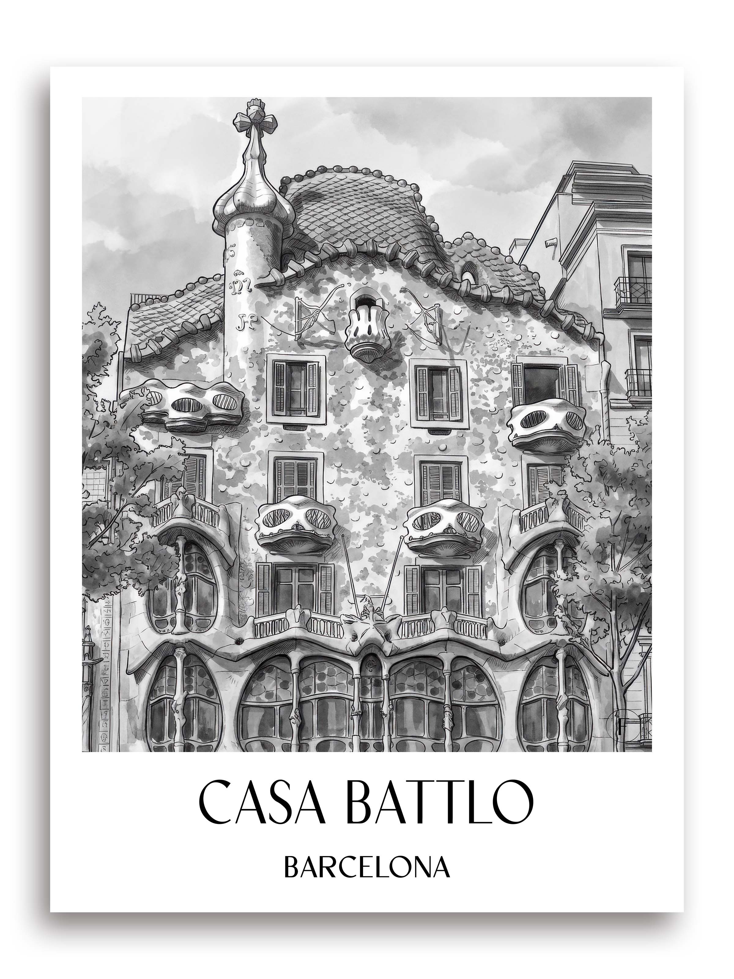 Casa Batlló Poster - Barcelona - Spanien Kunstdruck - Aquarell Schwarz-Weiß von A4 bis A1 - favplace