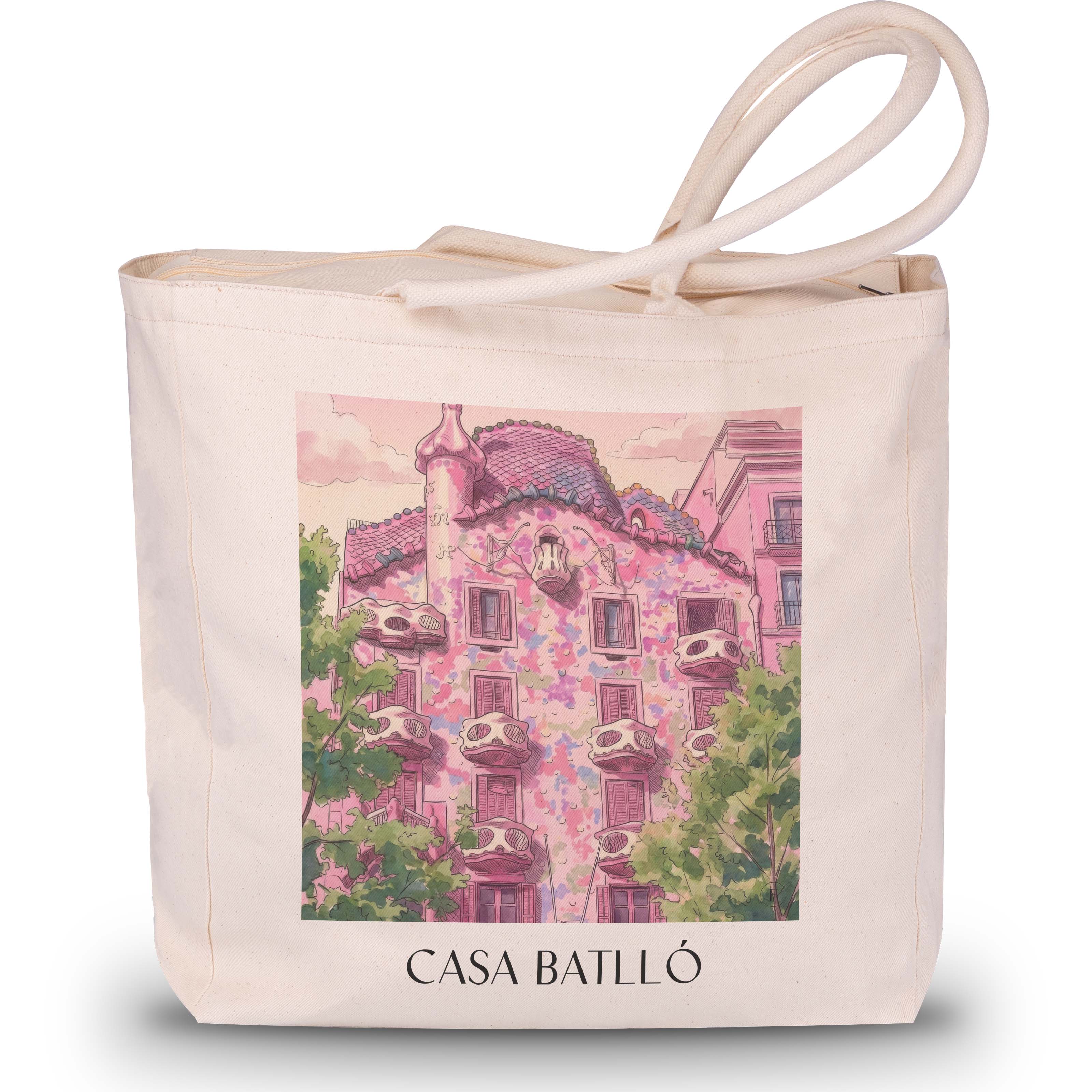 casa-batlló-barcelona-spanien-einkaufstasche-aquarell-pink-rosa