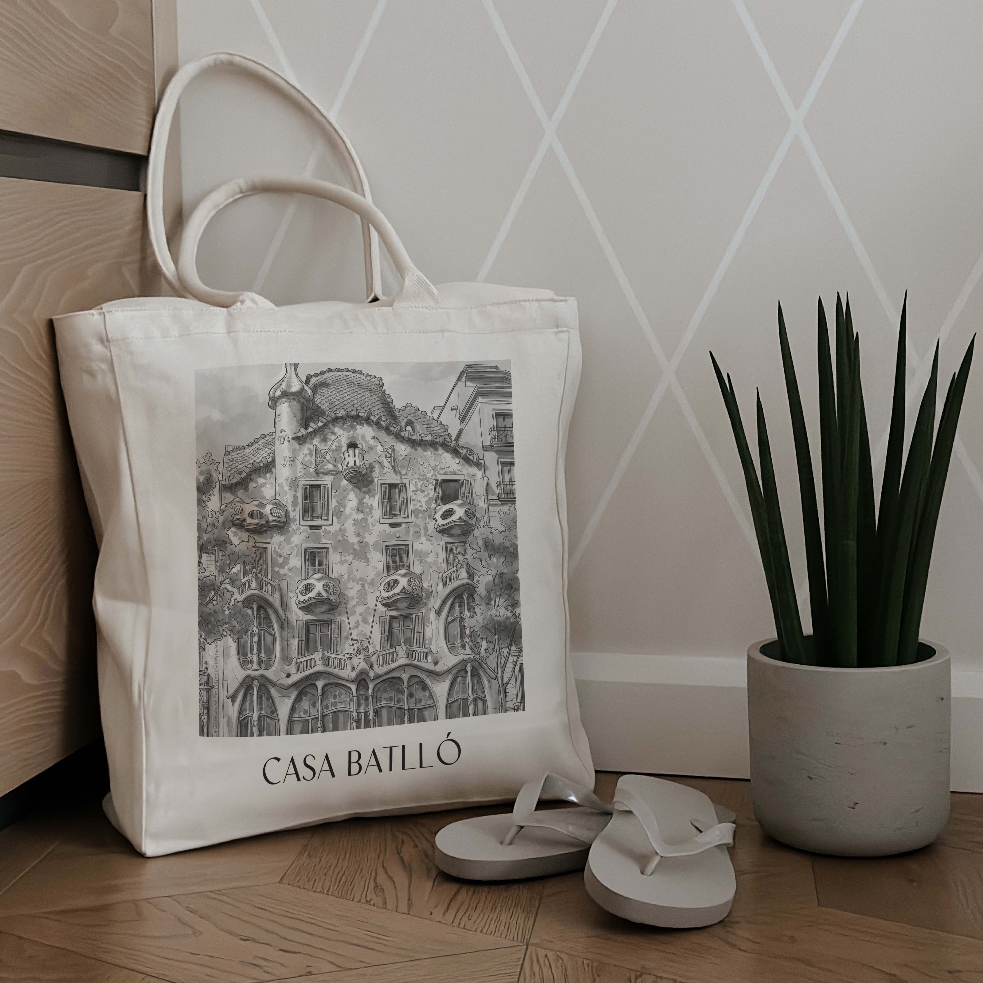 casa-batlló-barcelona-spanien-einkaufstasche-aquarell-schwarz-weiss