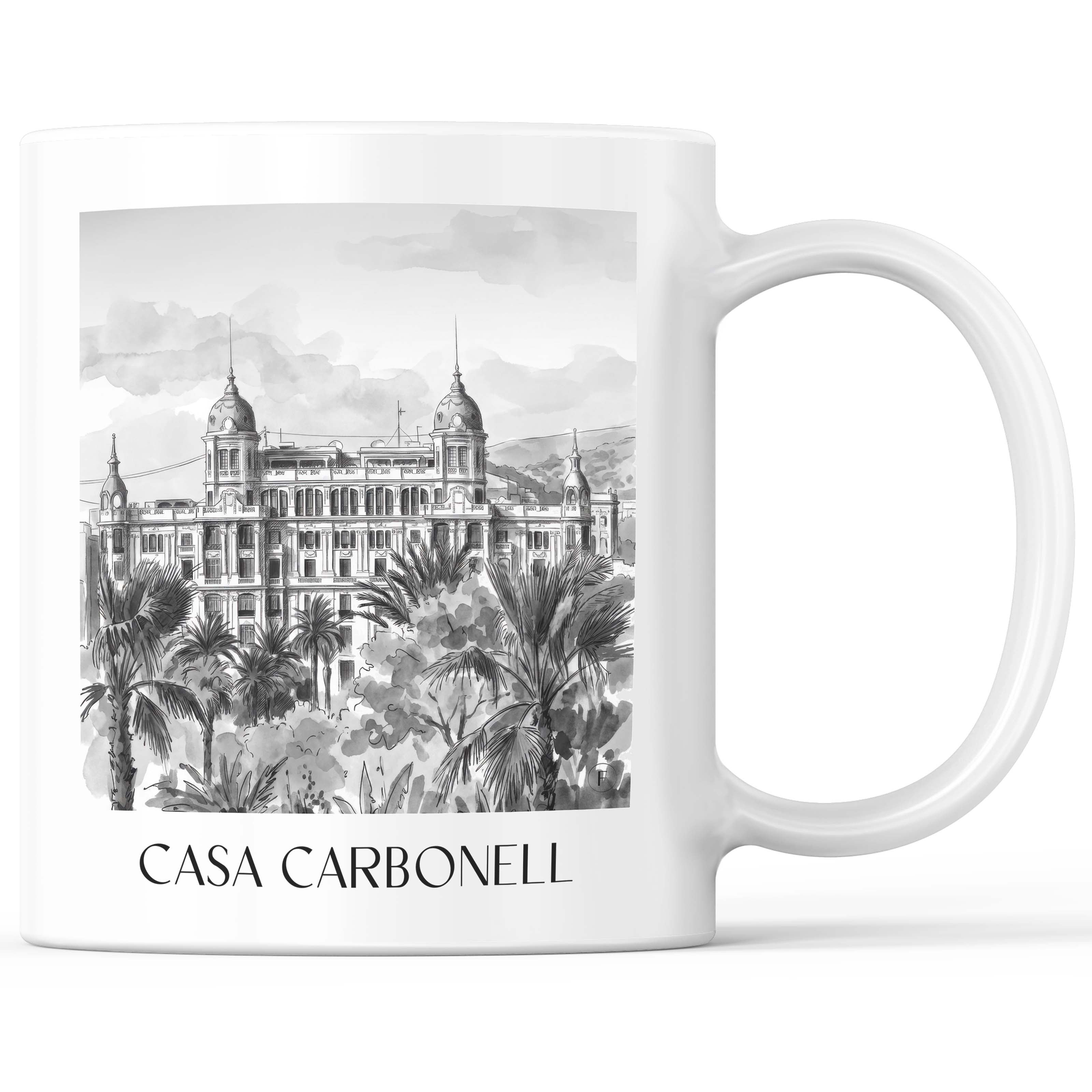 Casa Carbonell Kaffeebecher - Alicante - Spanien Becher - Kaffeetasse im Aquarell Schwarz-Weiß Stil - favplace