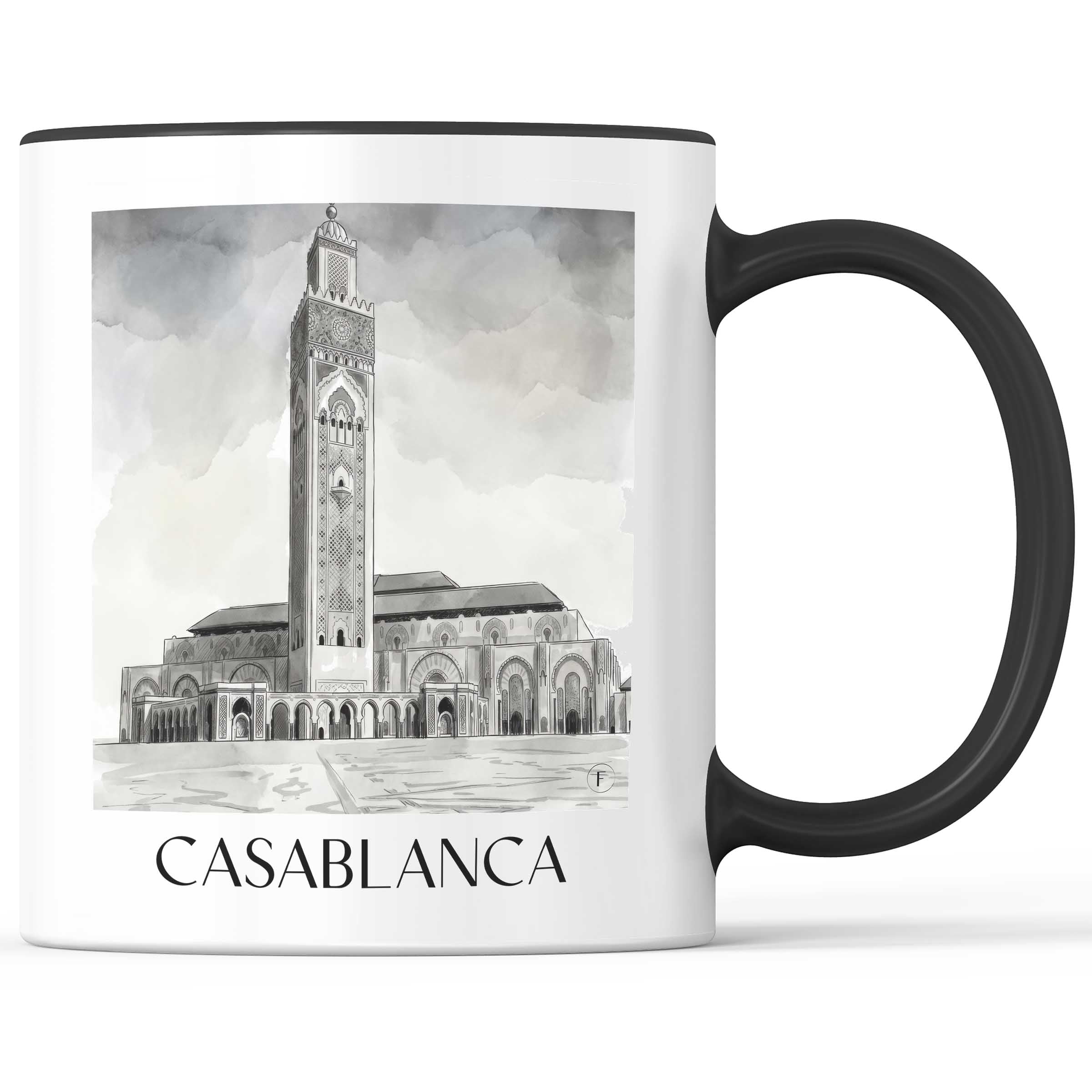 Casablanca - Marokko Becher - Kaffeetasse im Aquarell Schwarz-Weiß Stil - favplace