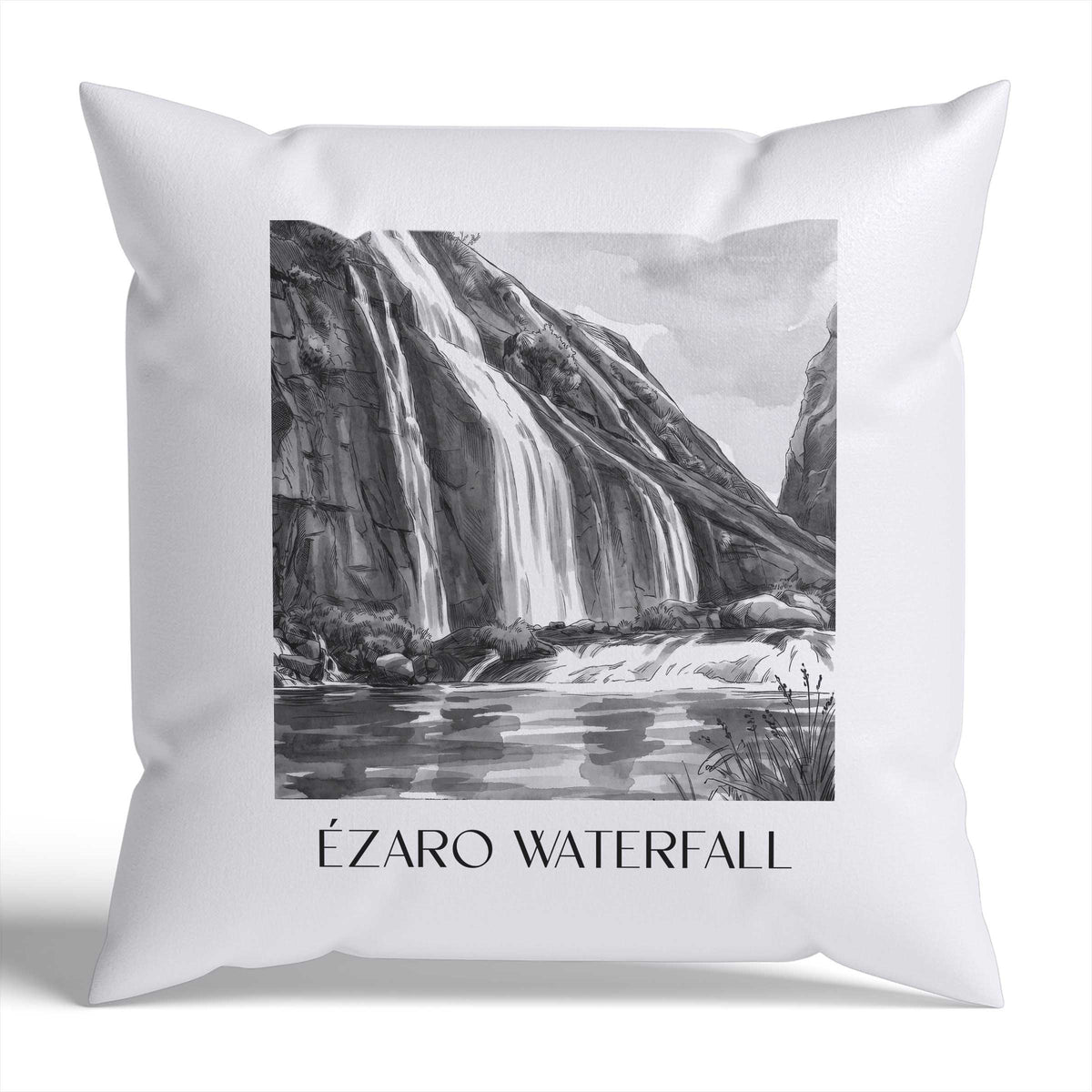 Cascada de Ézaro Kissenhülle - Zierkissen Bezug - Galicien - Spanien Kissen bzw. Kissenbezug im Aquarell Schwarz-Weiß Stil - favplace