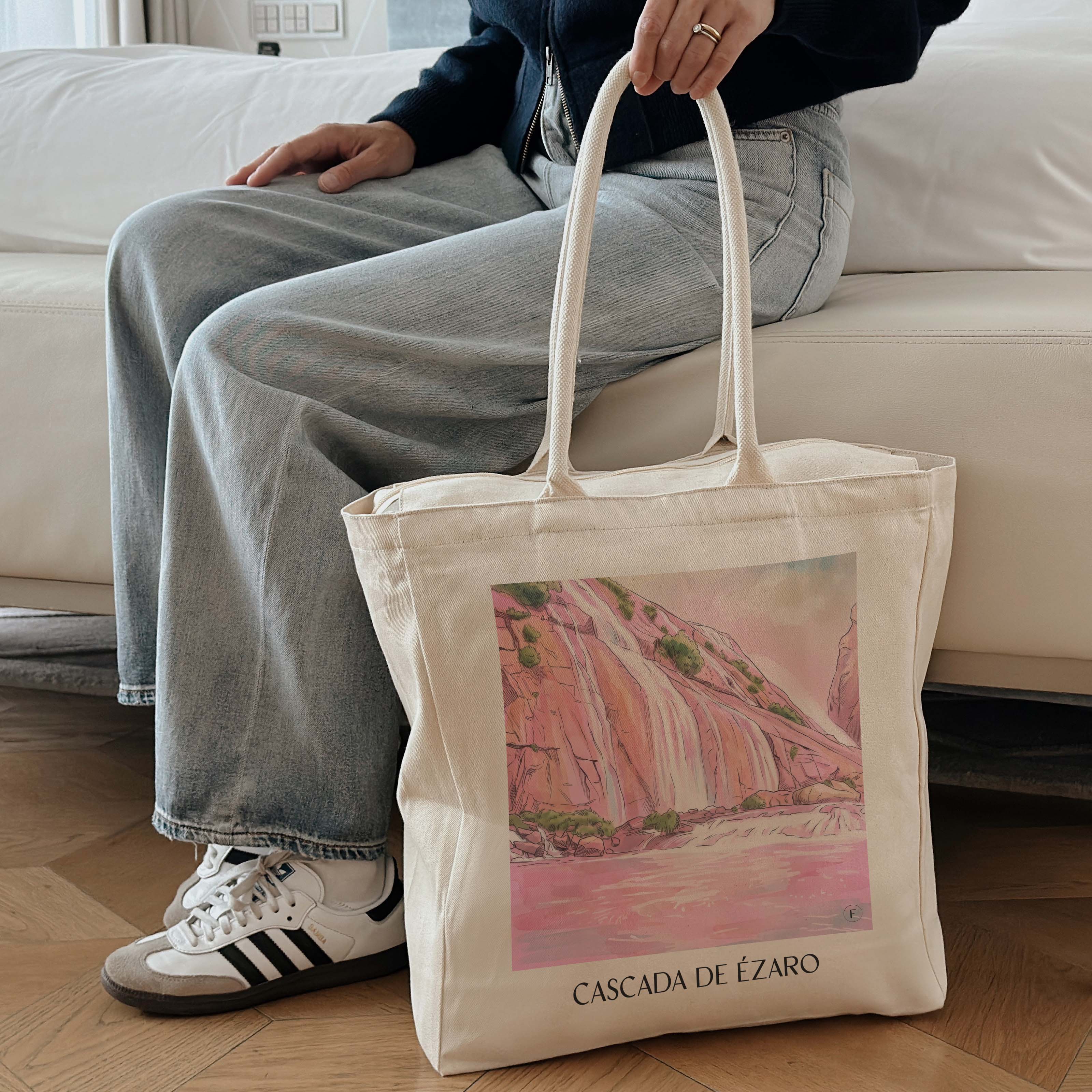 cascada-de-ézaro-galicien-spanien-einkaufstasche-aquarell-pink-rosa