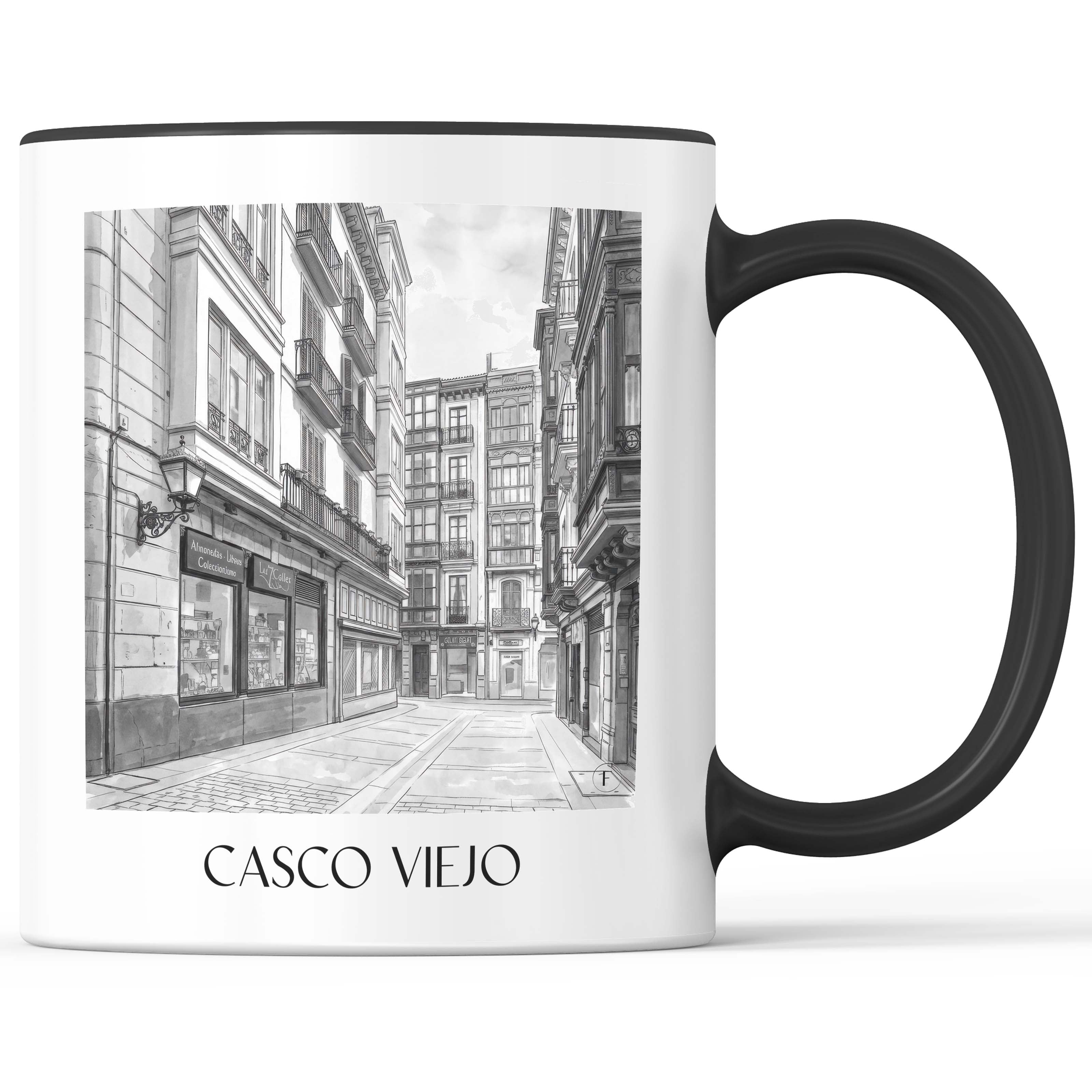 casco-viejo--bilbao-spanien-kaffeebecher-aquarell-schwarz-weiss