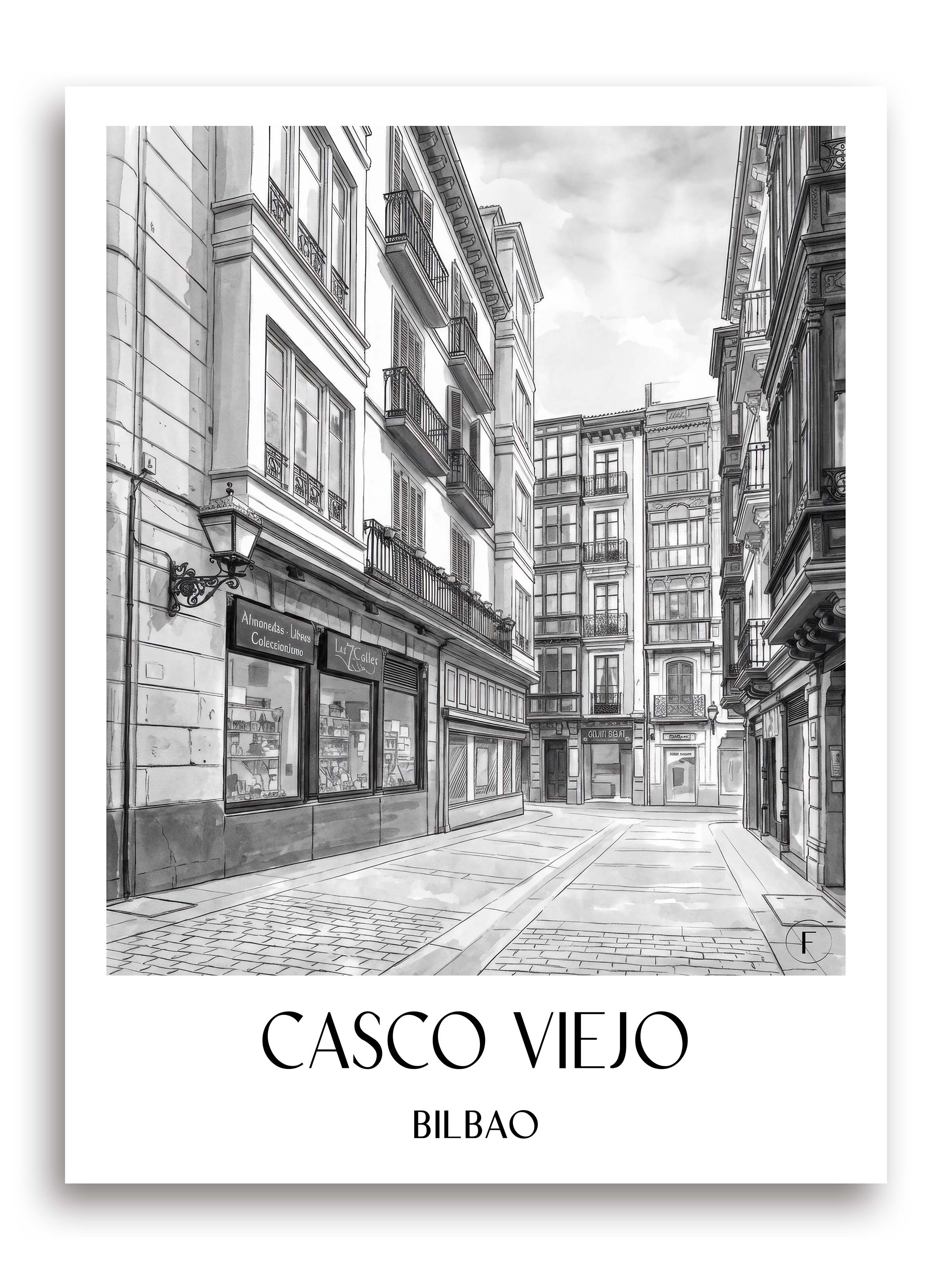 casco-viejo--bilbao-spanien-poster-aquarell-schwarz-weiss