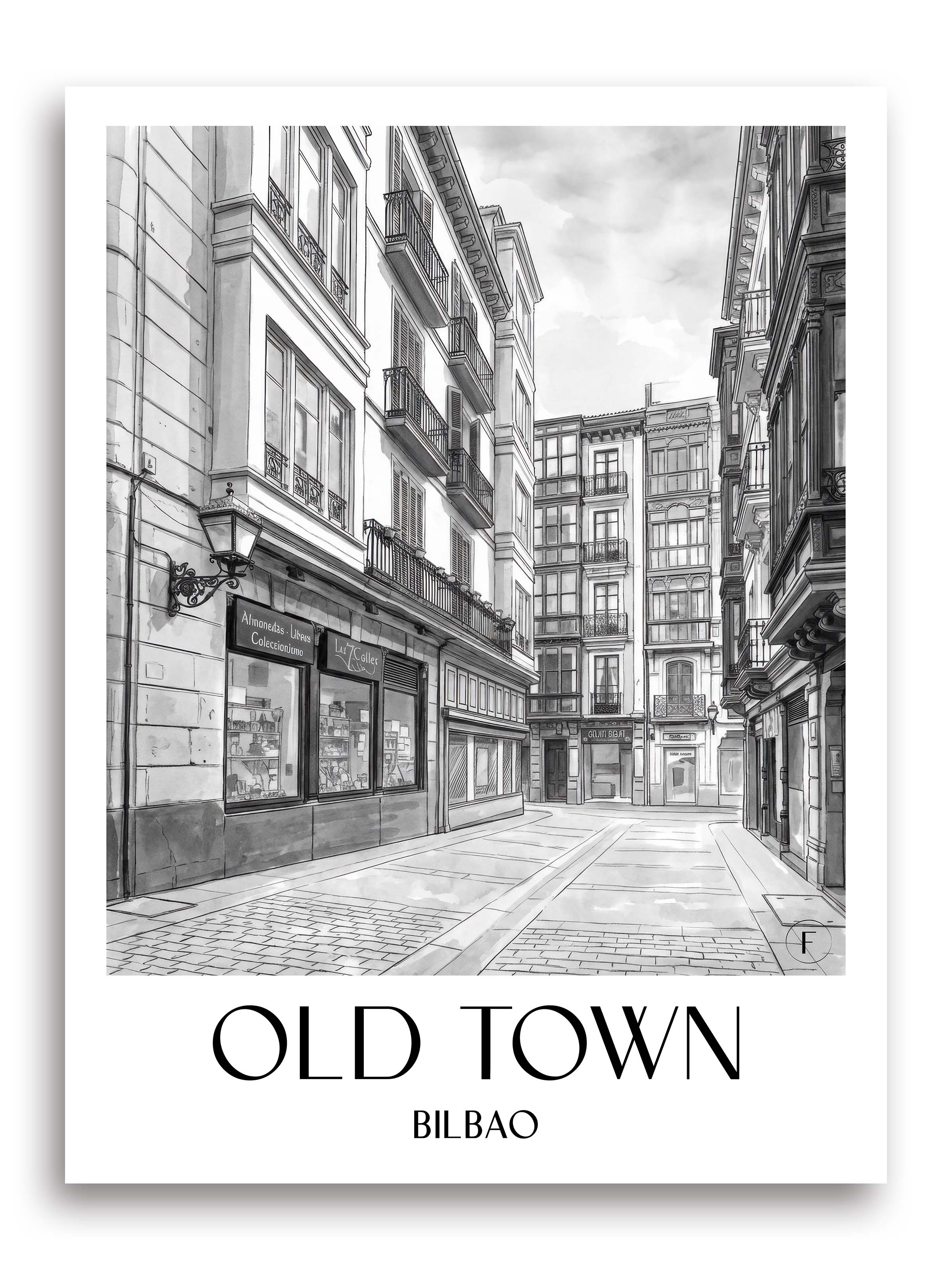 Casco Viejo Poster - Bilbao - Spanien Kunstdruck - Aquarell Schwarz-Weiß von A4 bis A1 - favplace
