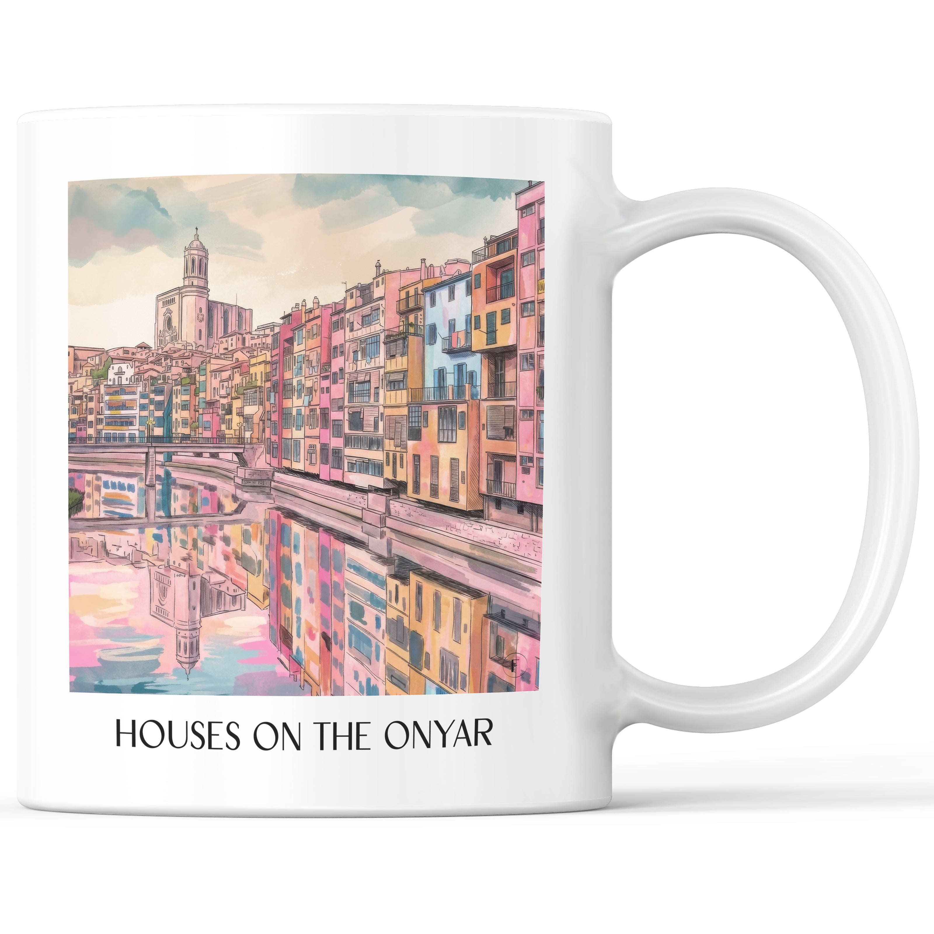 Cases de l'Onyar Kaffeebecher - Girona - Spanien Becher - Kaffeetasse im Aquarell Pink Stil - favplace