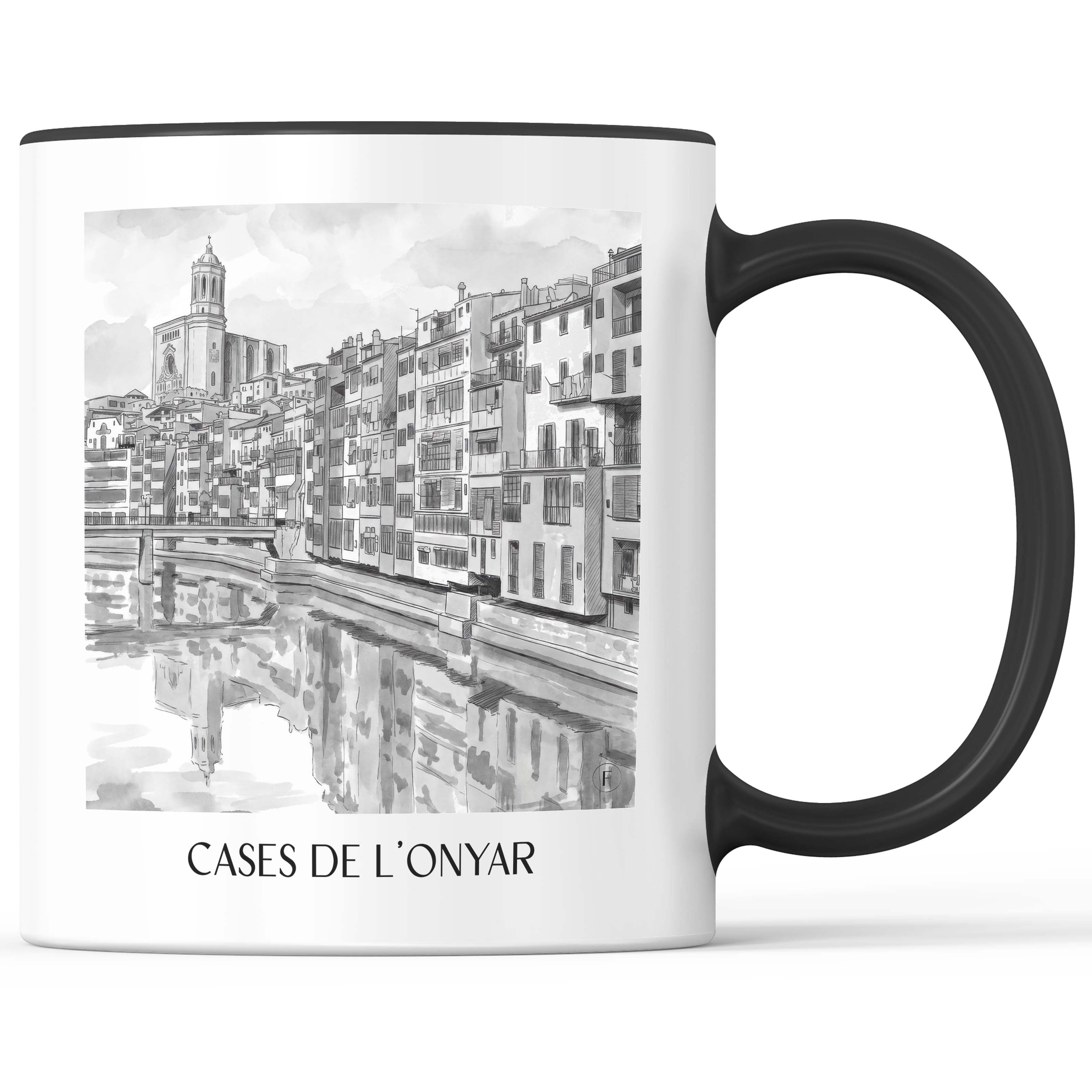 cases-de-l'onyar-girona-spanien-kaffeebecher-aquarell-schwarz-weiss