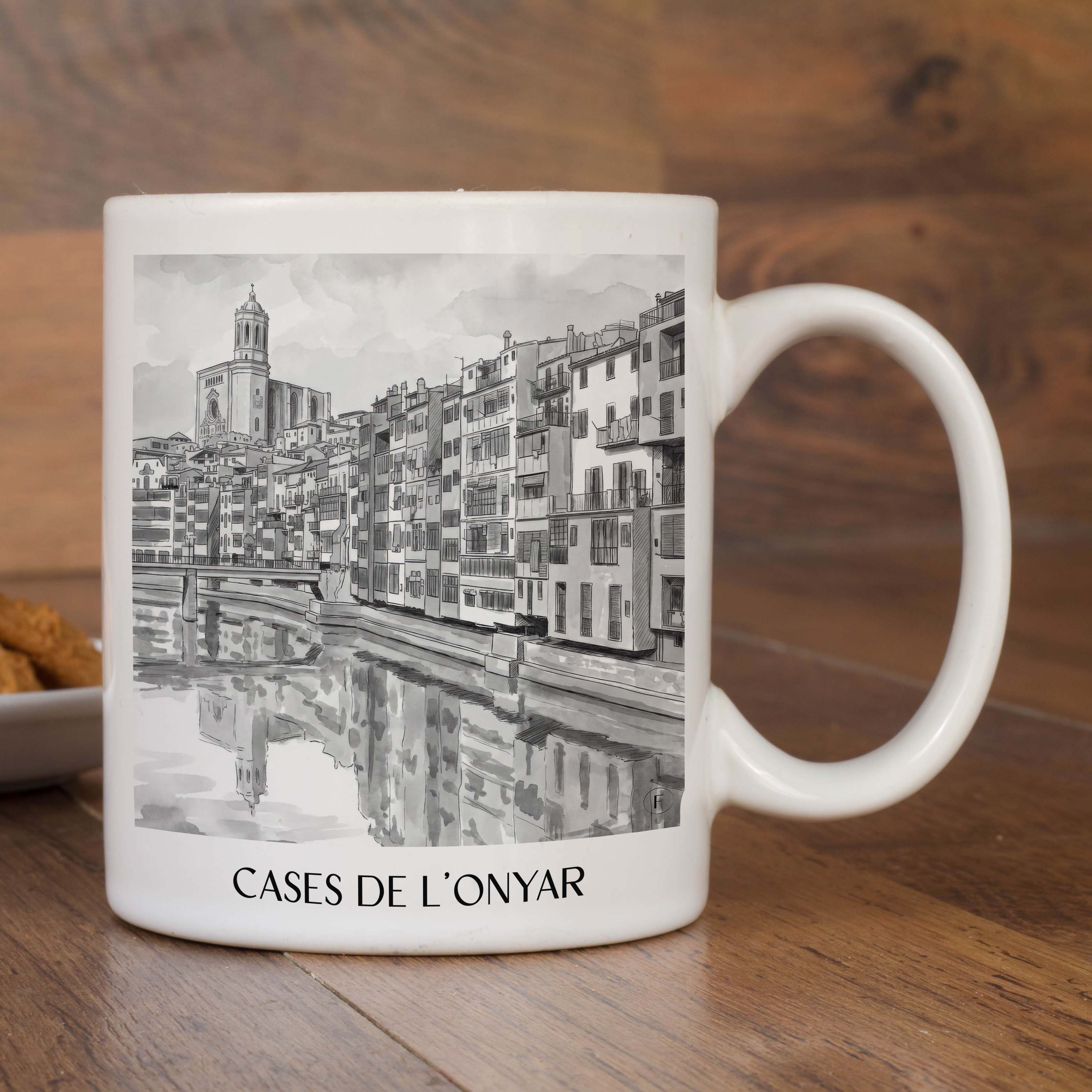 cases-de-l'onyar-girona-spanien-kaffeebecher-aquarell-schwarz-weiss