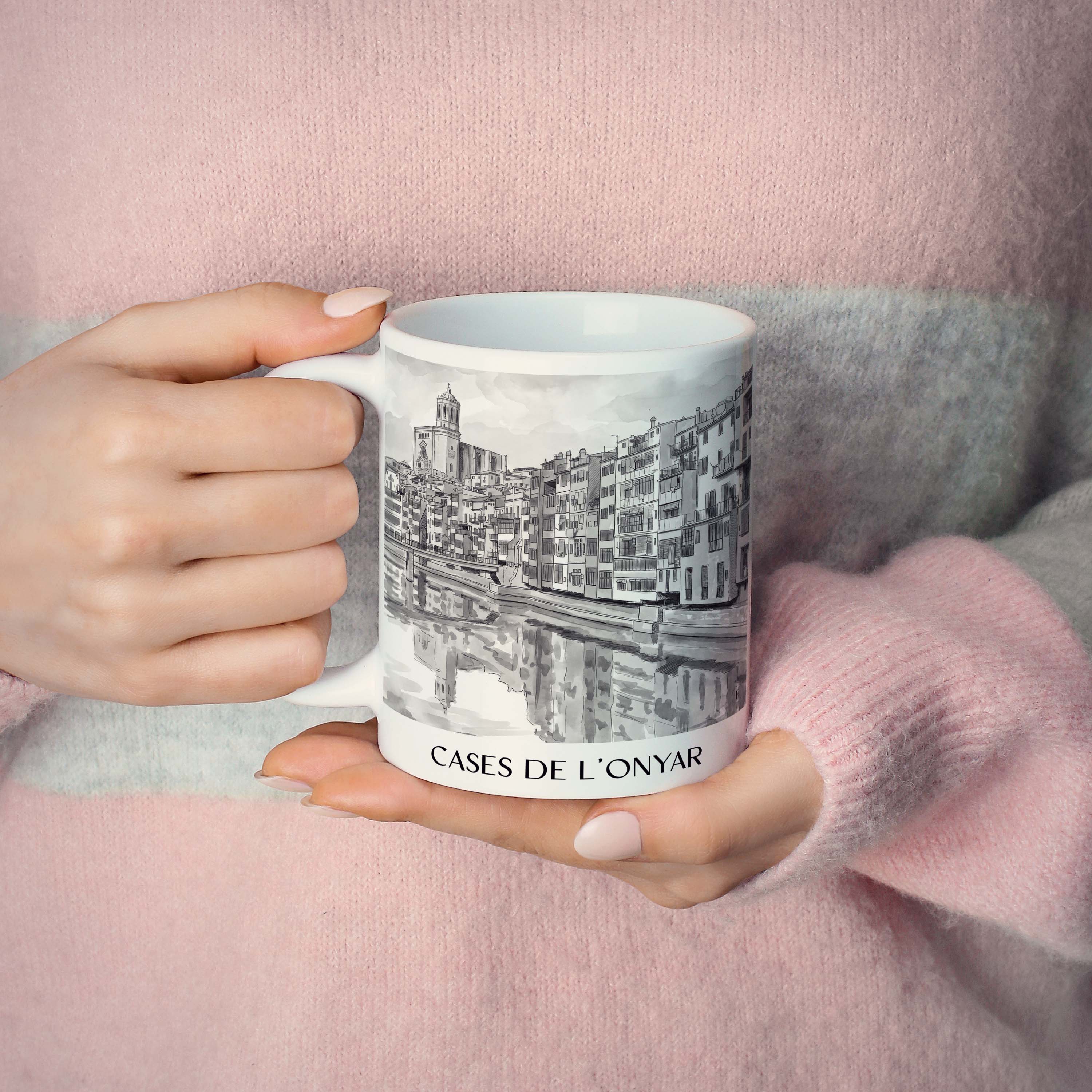 cases-de-l'onyar-girona-spanien-kaffeebecher-aquarell-schwarz-weiss