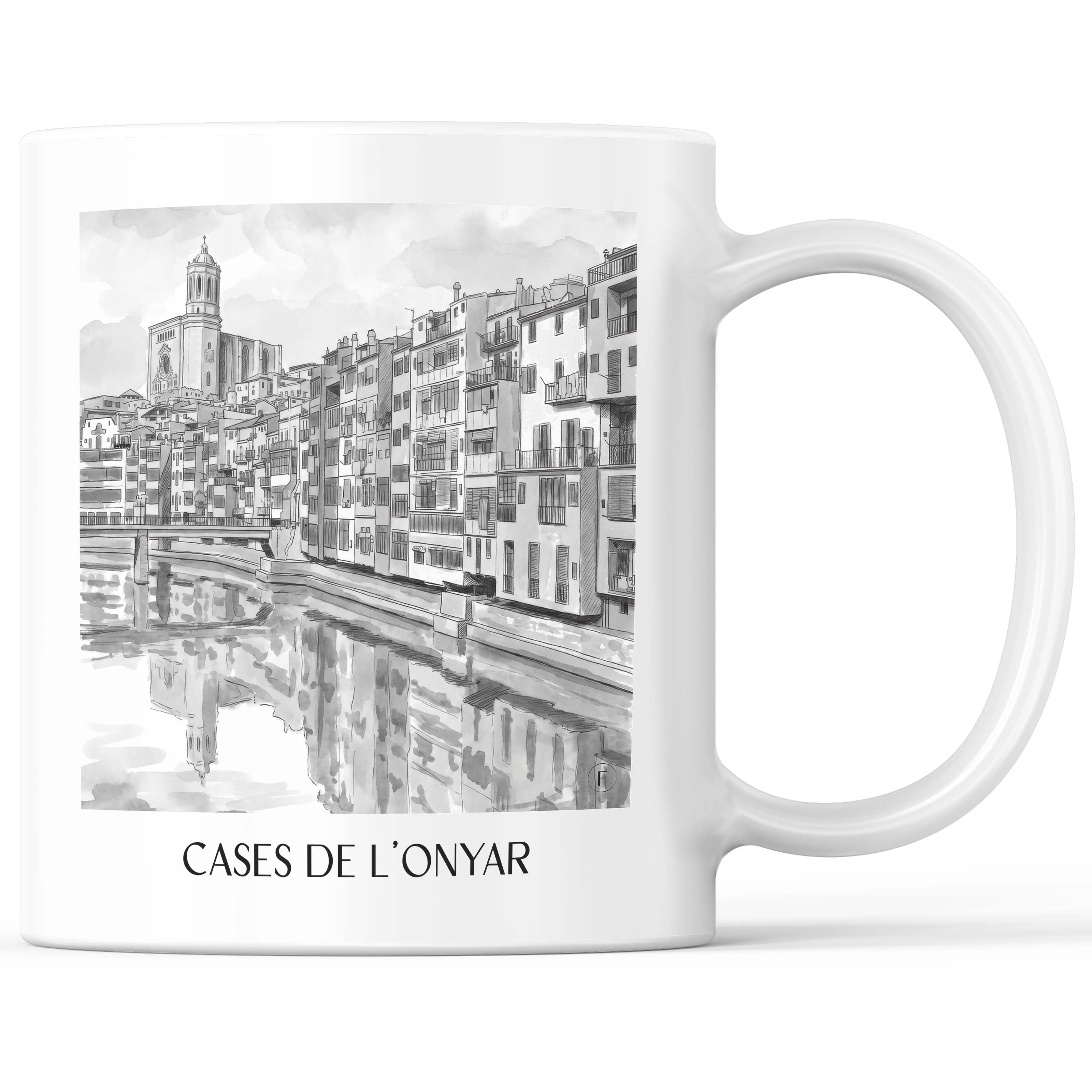 Cases de l'Onyar Kaffeebecher - Girona - Spanien Becher - Kaffeetasse im Aquarell Schwarz-Weiß Stil - favplace