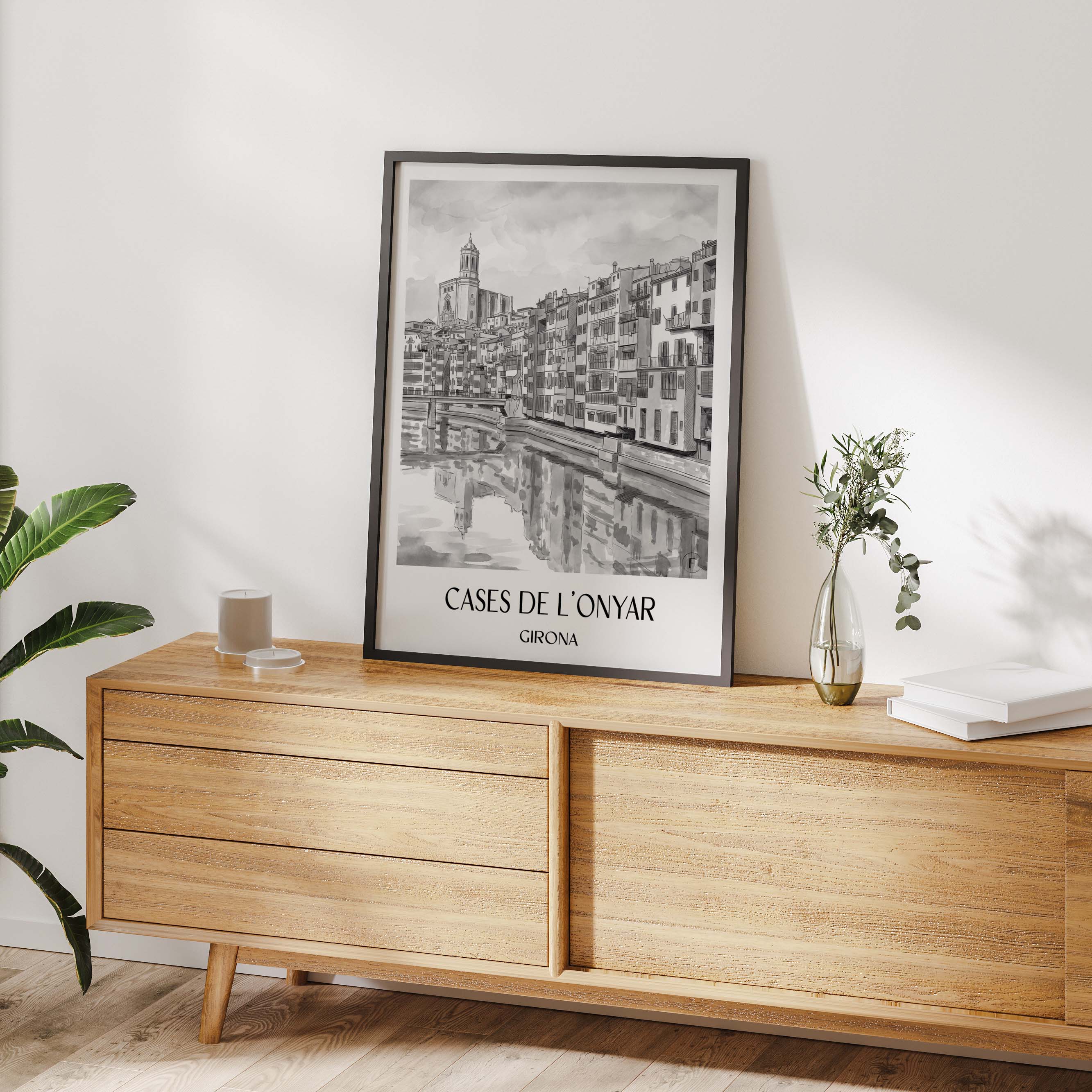 cases-de-l'onyar-girona-spanien-poster-aquarell-schwarz-weiss