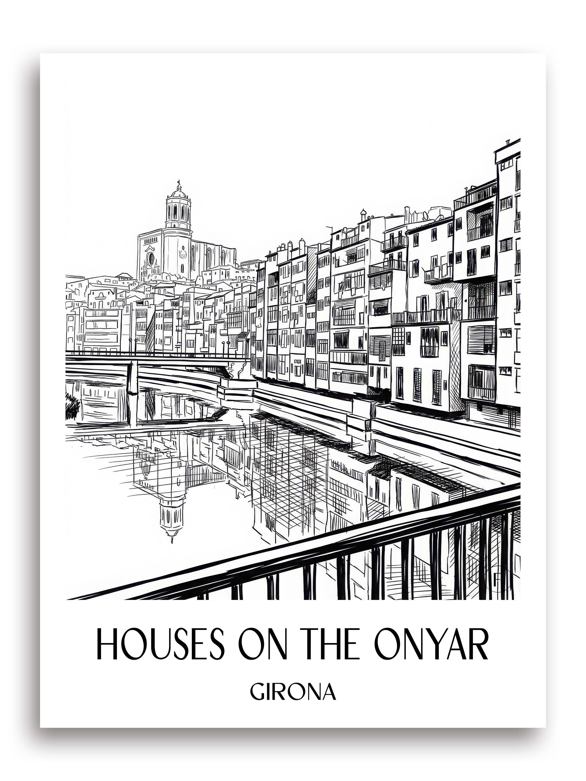 Cases de l'Onyar Poster - Girona - Spanien Kunstdruck - Skizze von A4 bis A1 - favplace