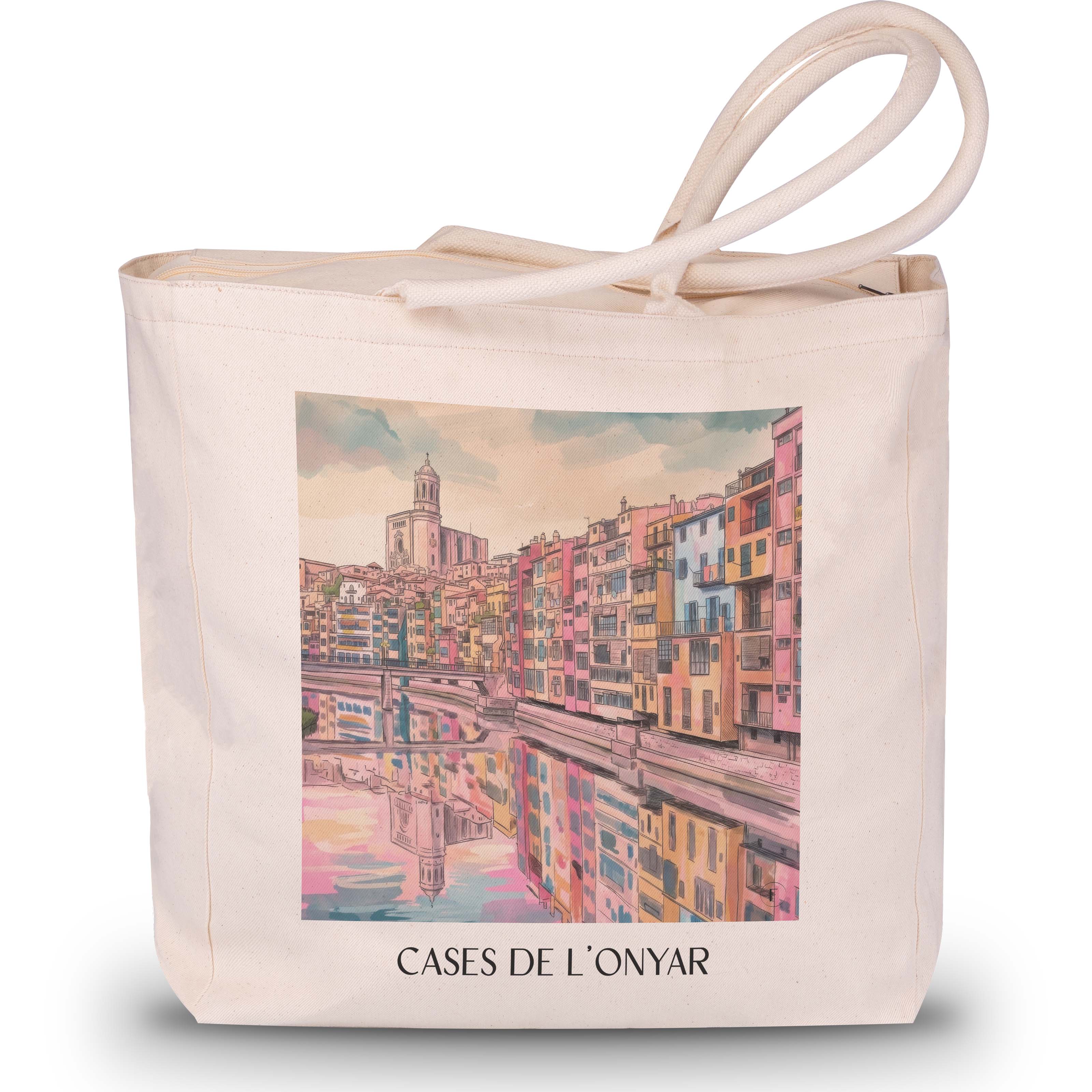 cases-de-l'onyar-girona-spanien-einkaufstasche-aquarell-pink-rosa