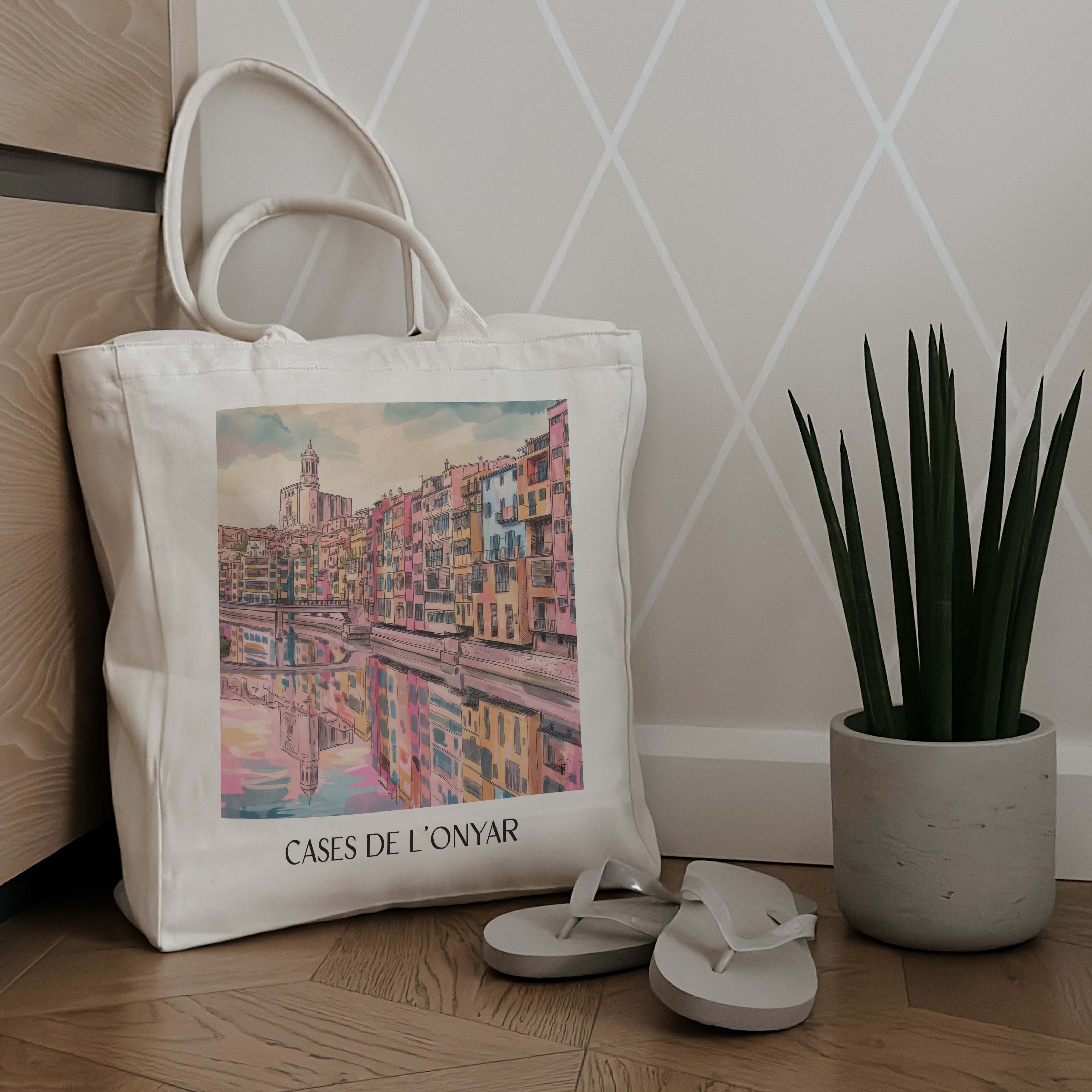 cases-de-l'onyar-girona-spanien-einkaufstasche-aquarell-pink-rosa