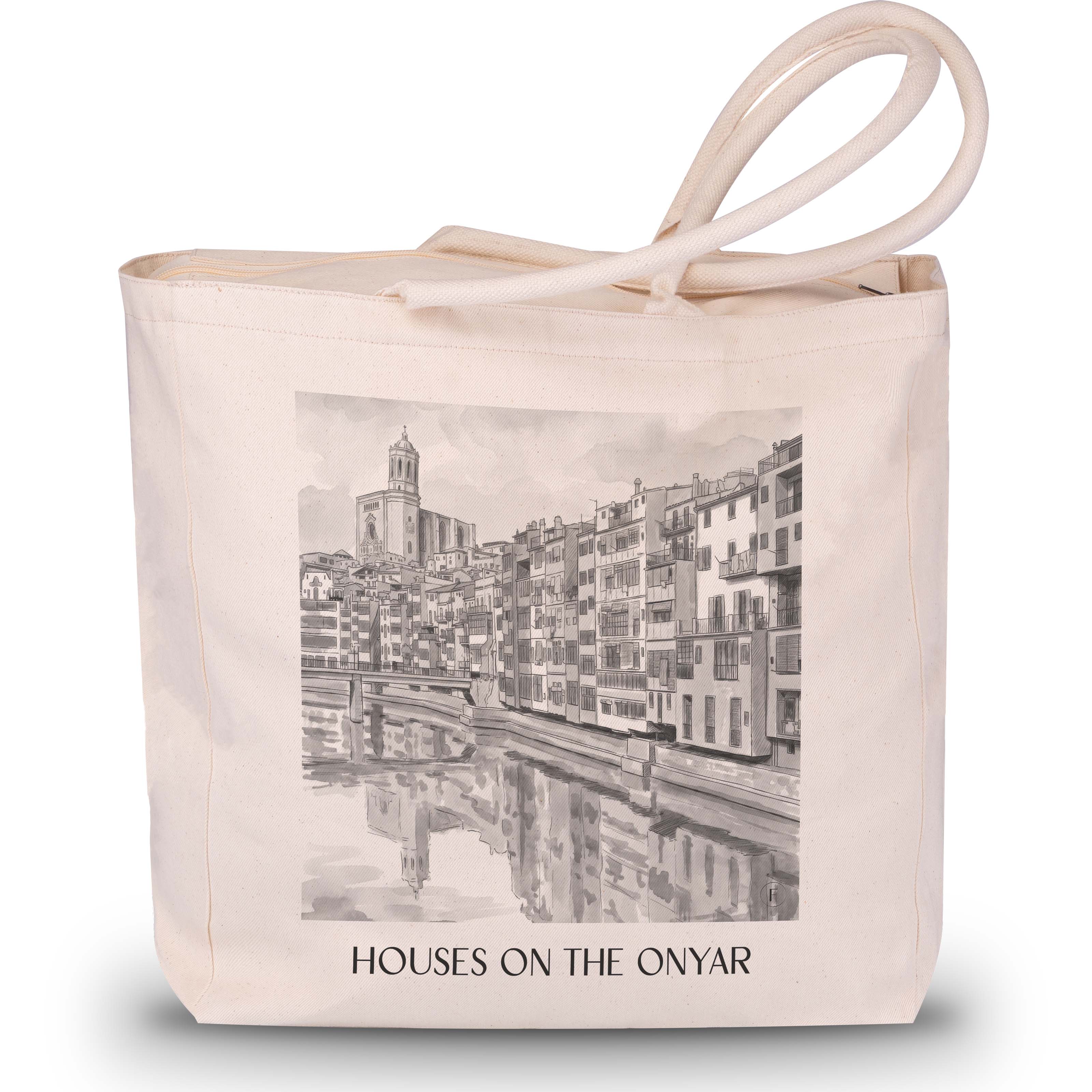 Cases de l'Onyar Shopping Tasche - Girona - Spanien Tote Bag - Einkaufstasche im Aquarell Schwarz-Weiß Stil - favplace