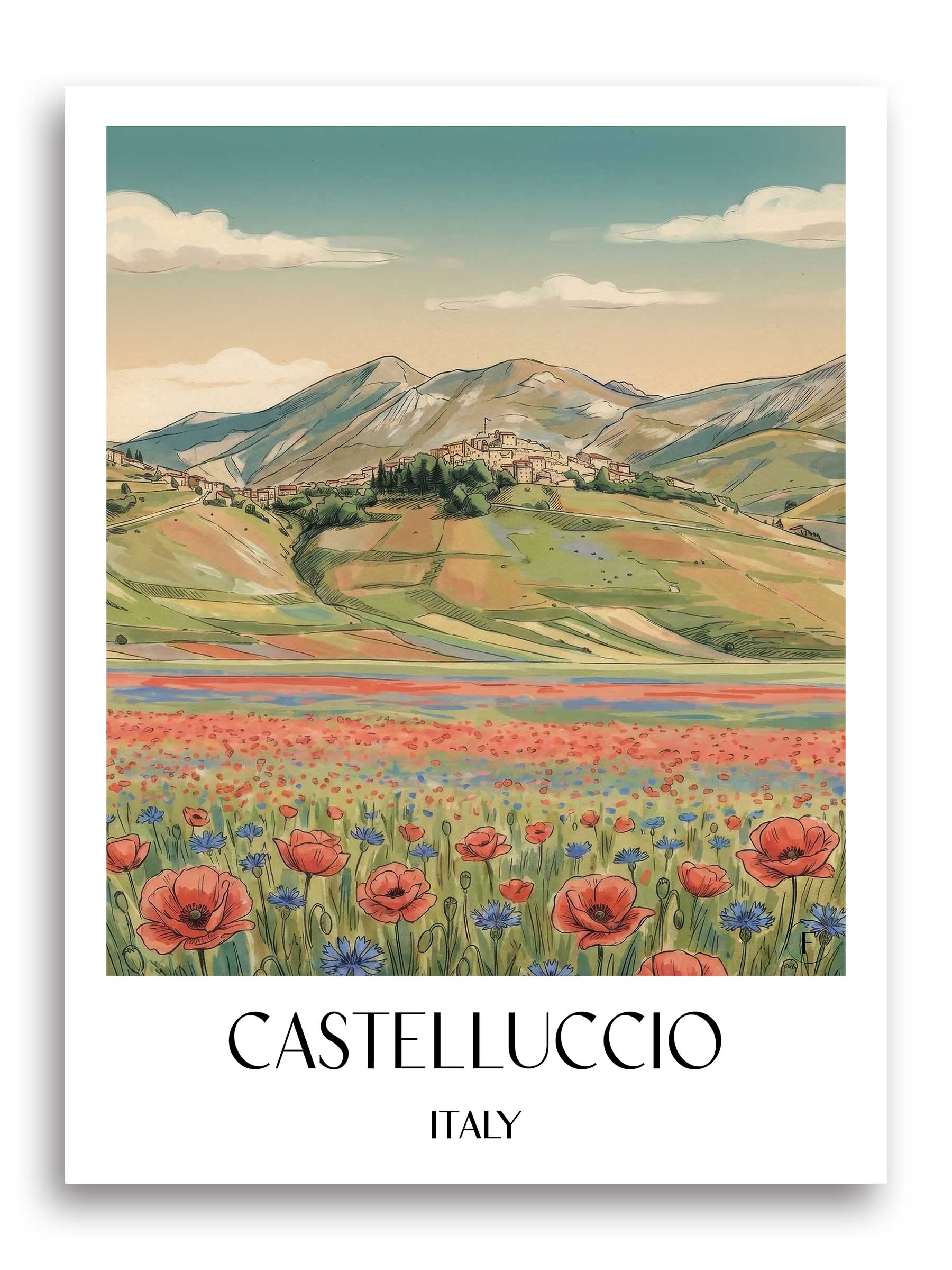 Castelluccio Poster - Umbrien - Italien Kunstdruck - Aquarell von A4 bis A1 - favplace