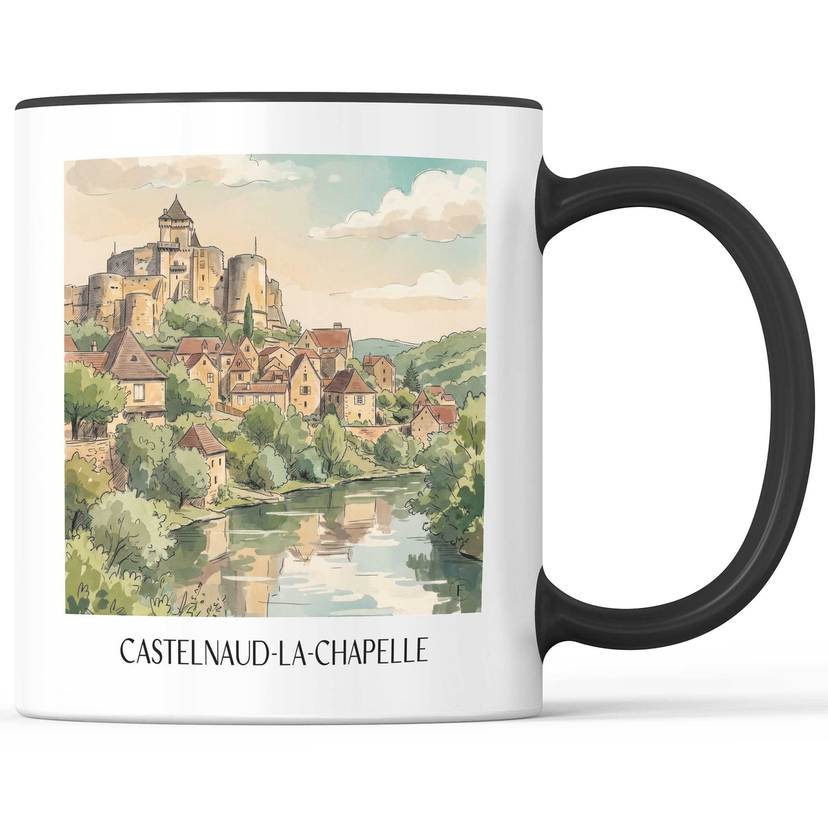 castelnaud-la-chapelle-périgord-noir-frankreich-kaffeebecher-aquarell