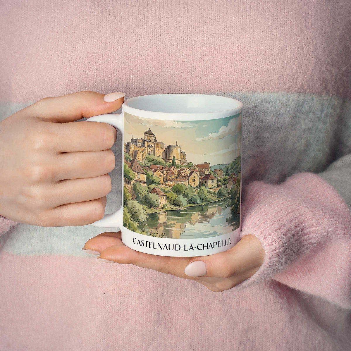 castelnaud-la-chapelle-périgord-noir-frankreich-kaffeebecher-aquarell