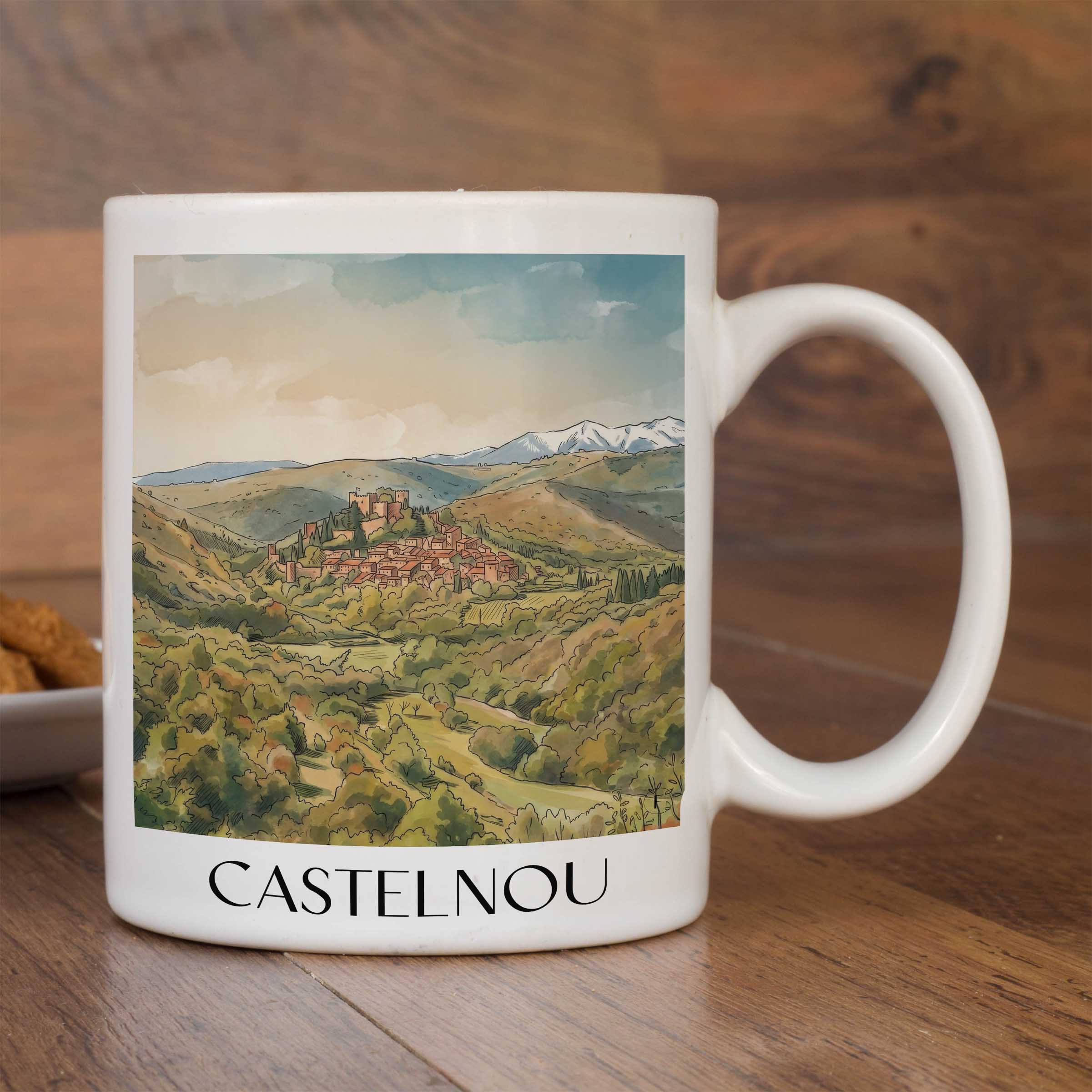 castelnou--aspres-frankreich-kaffeebecher-aquarell