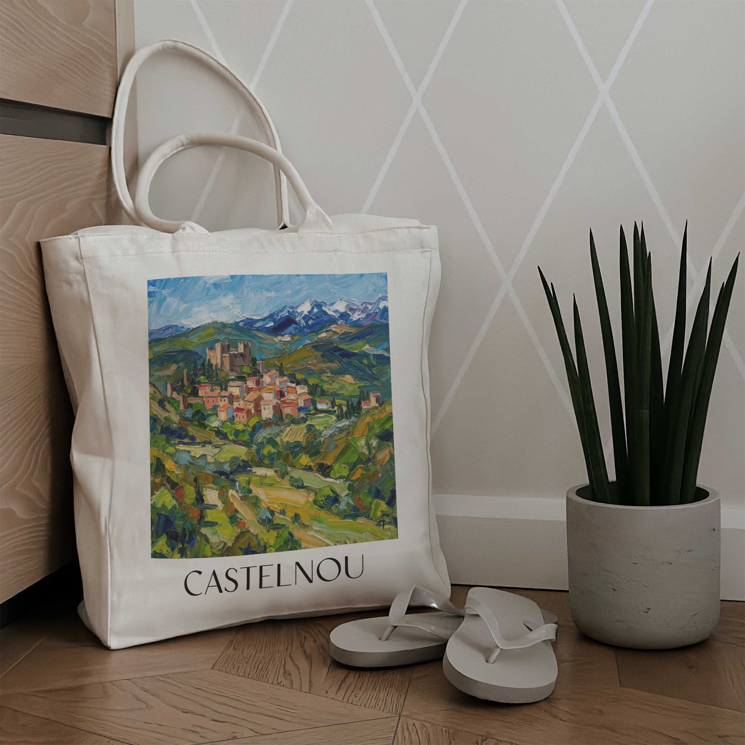 castelnou--aspres-frankreich-einkaufstasche-oil-painting-oelgemaelde