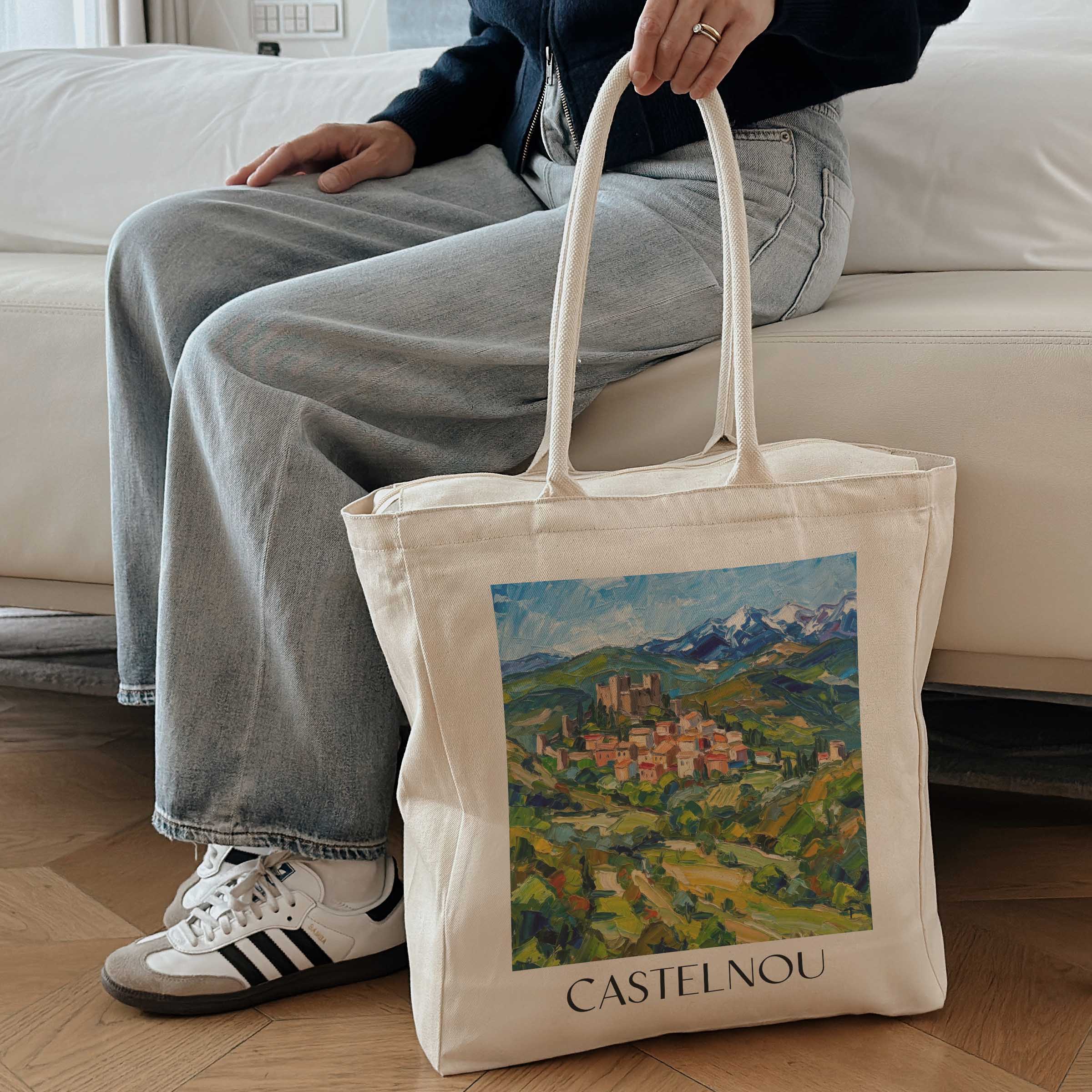 castelnou--aspres-frankreich-einkaufstasche-oil-painting-oelgemaelde