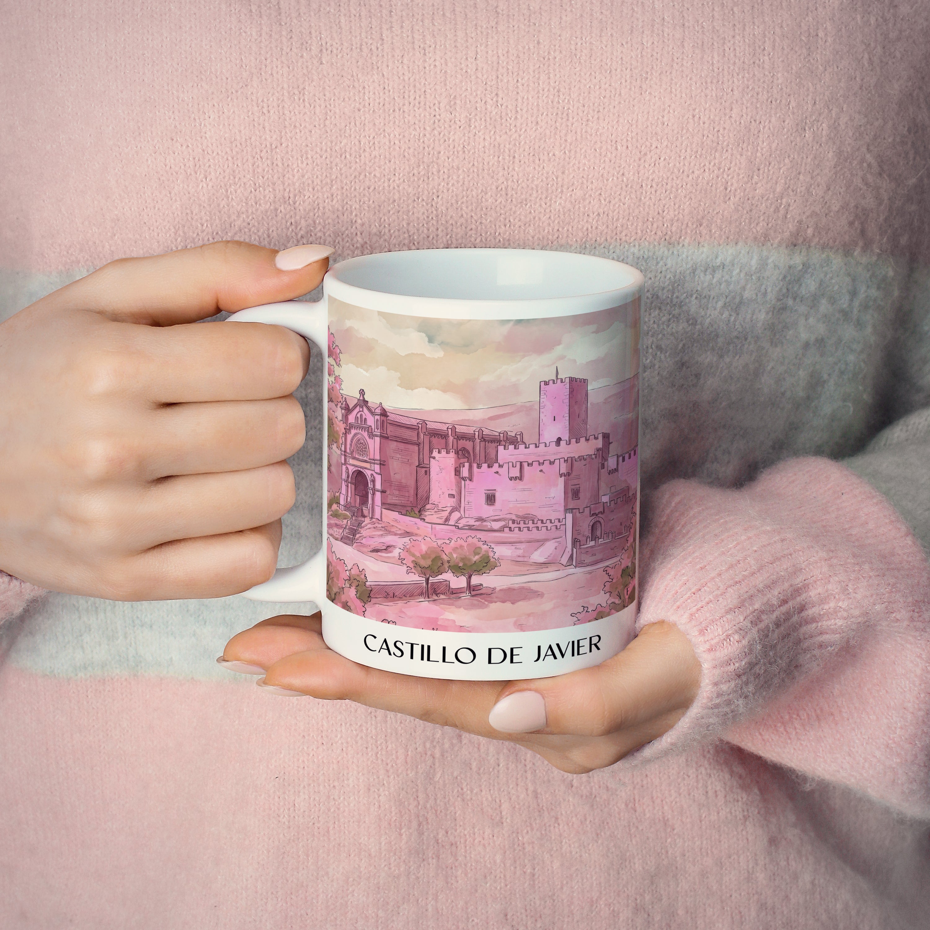 castillo-de-javier-spanien-spanien-und-spanien-kaffeebecher-aquarell-pink-rosa