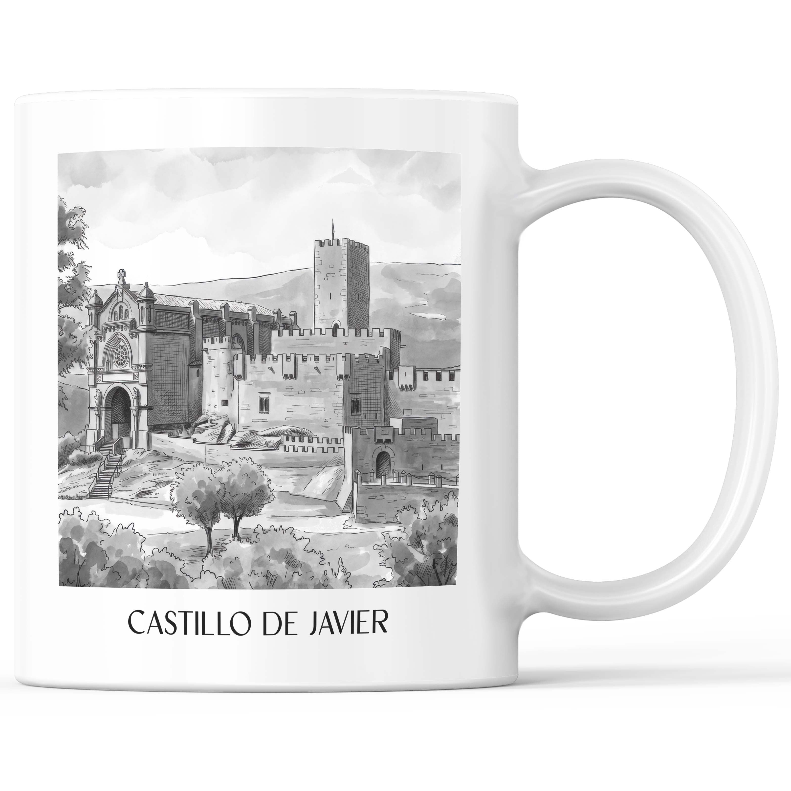 Castillo de Javier Kaffeebecher - Spanien - Spanien und Spanien Becher - Kaffeetasse im Aquarell Schwarz-Weiß Stil - favplace