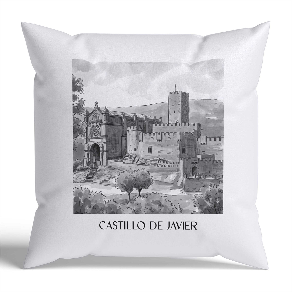 castillo-de-javier-spanien-spanien-kissenbezug-aquarell-schwarz-weiss