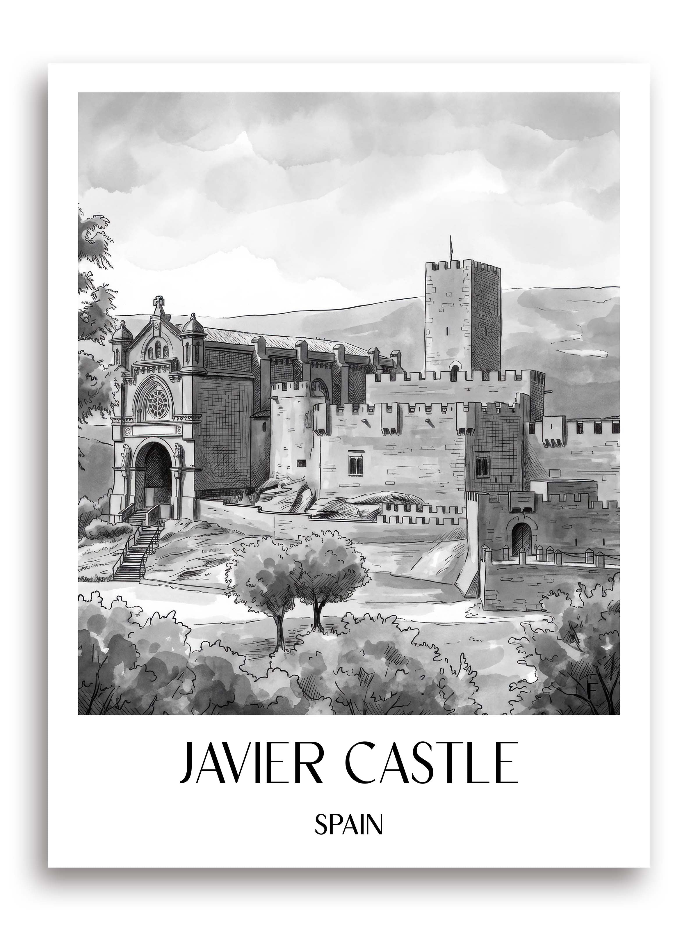 Castillo de Javier Poster - Spanien - Spanien Kunstdruck - Aquarell Schwarz-Weiß von A4 bis A1 - favplace