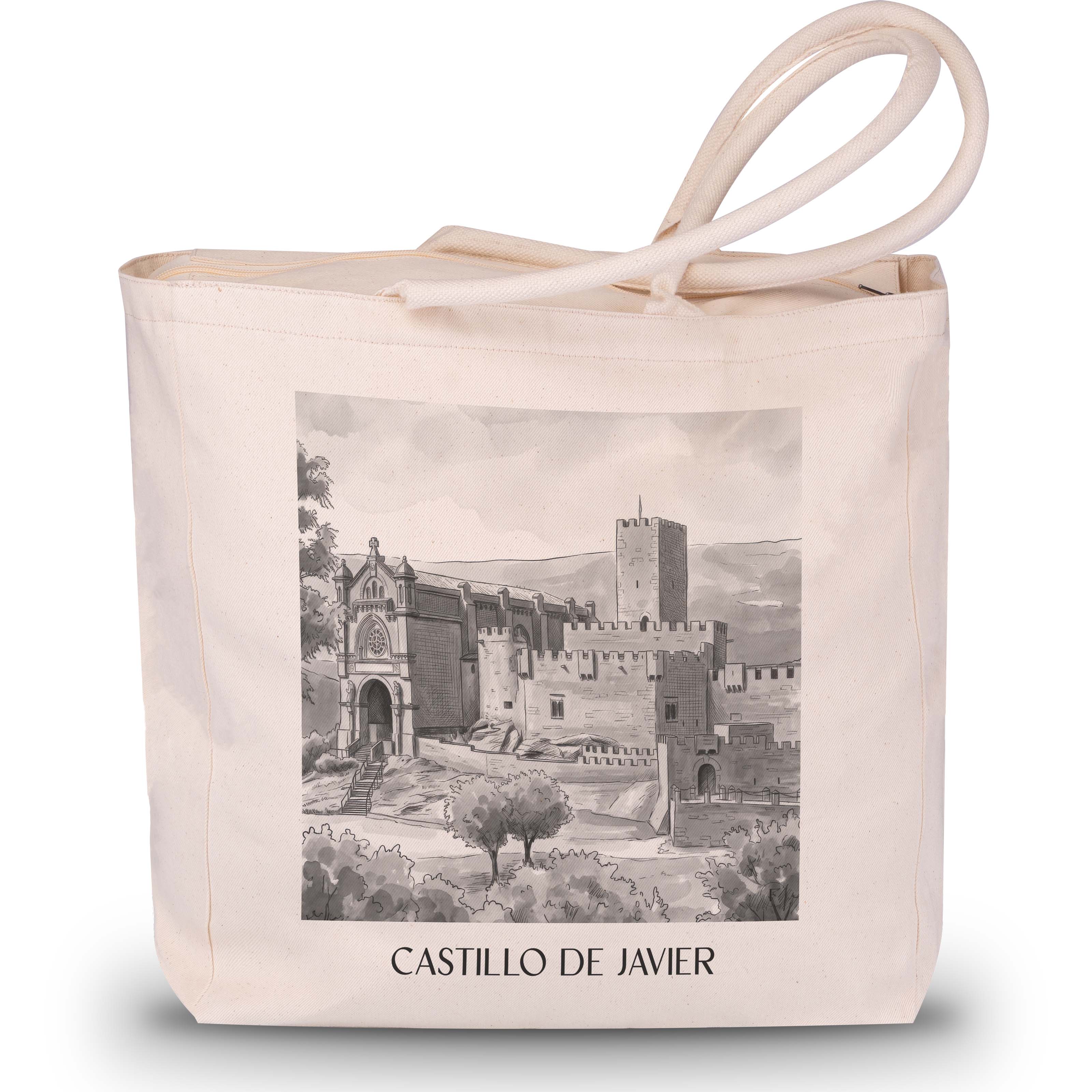 castillo-de-javier-spanien-spanien-und-spanien-einkaufstasche-aquarell-schwarz-weiss
