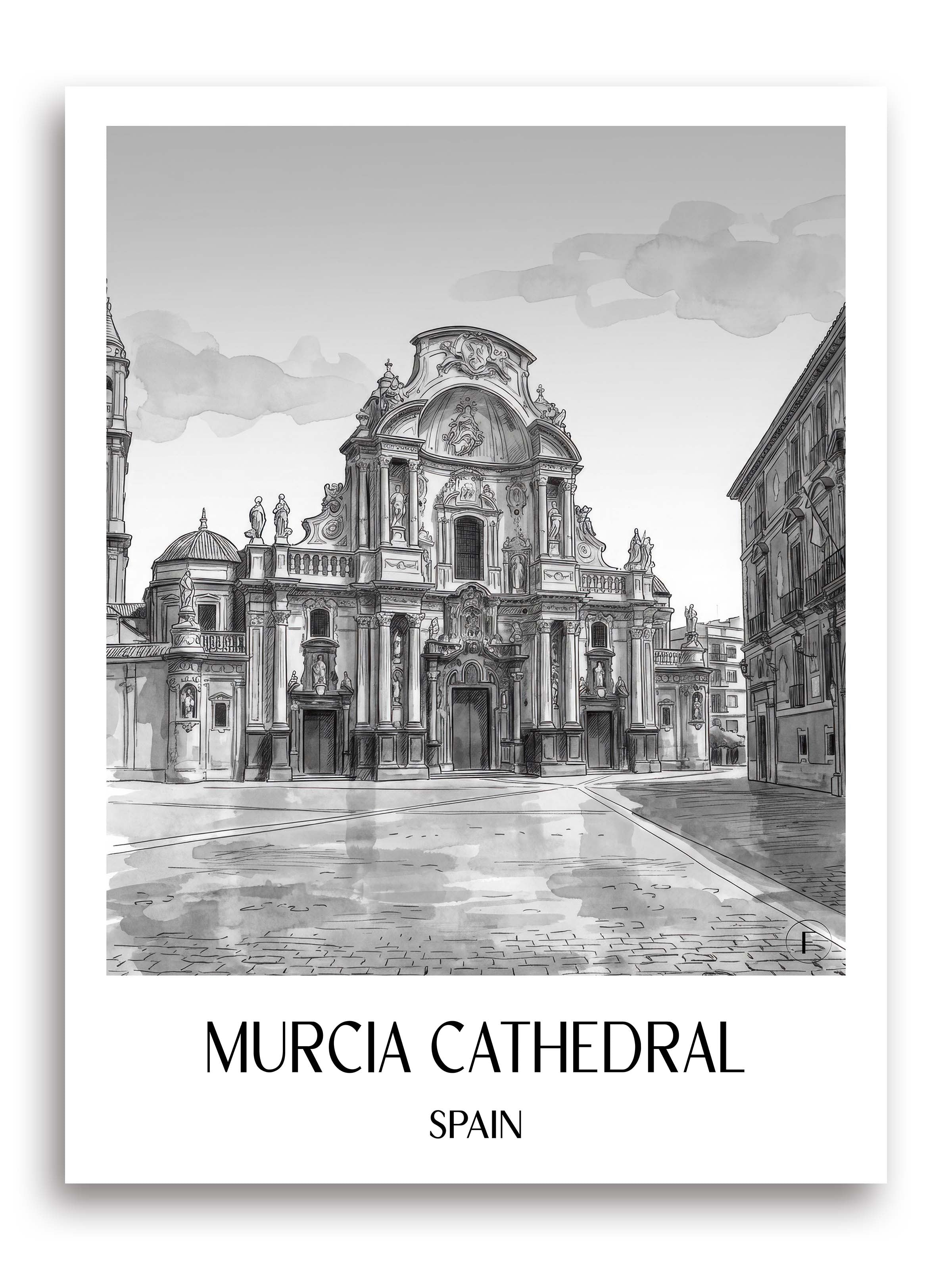 Catedral de Murcia Poster - Spanien - Spanien Kunstdruck - Aquarell Schwarz-Weiß von A4 bis A1 - favplace